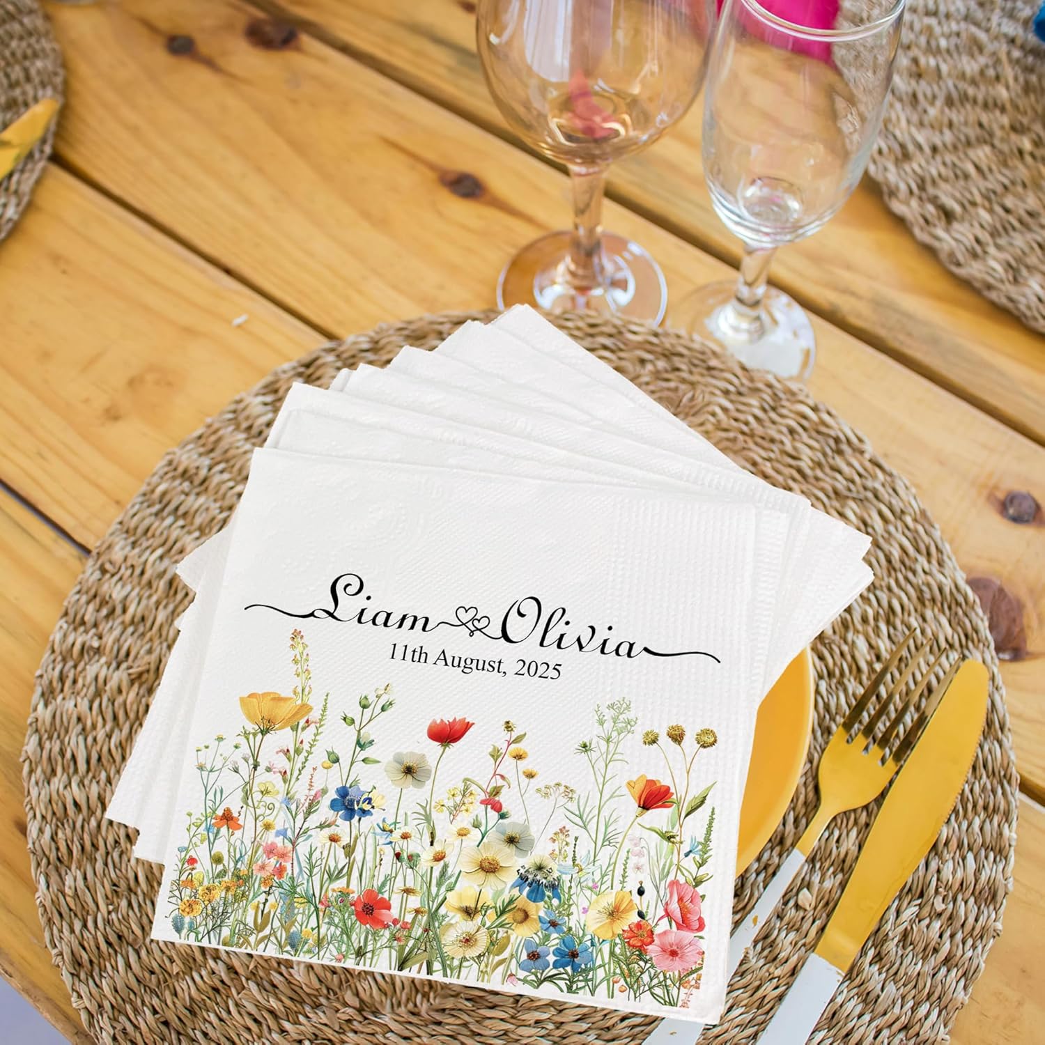 Personalized Floral Wedding Napkins with Name and Date