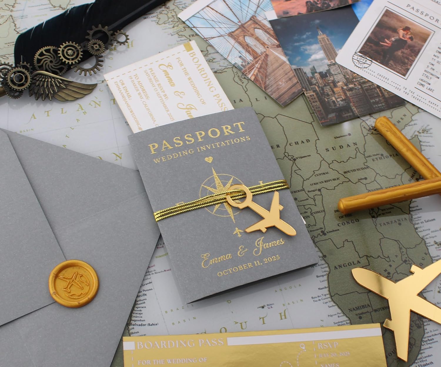 Custom Wedding Invitation Set with Wax Seal - Passport Style