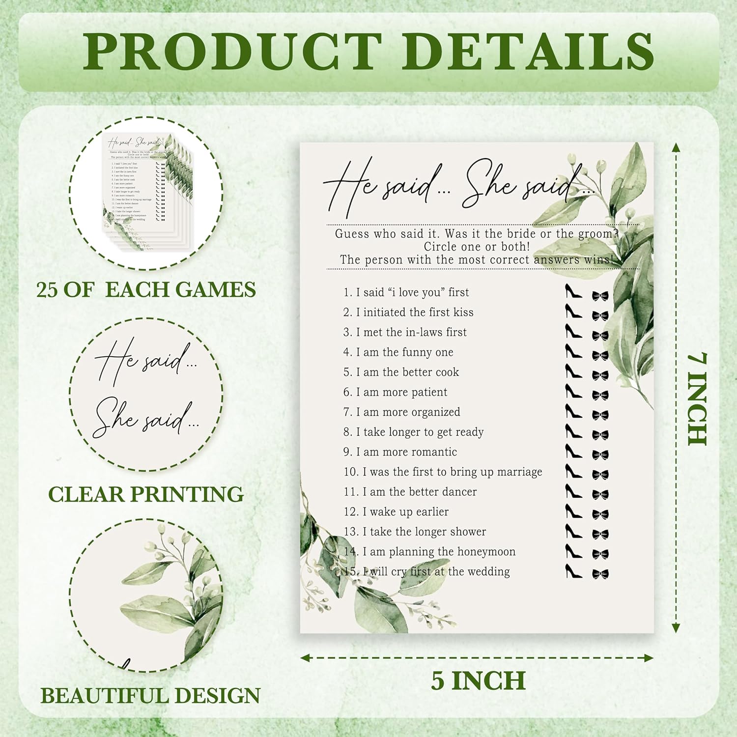 Greenery Bridal Shower Game Cards Set of 25