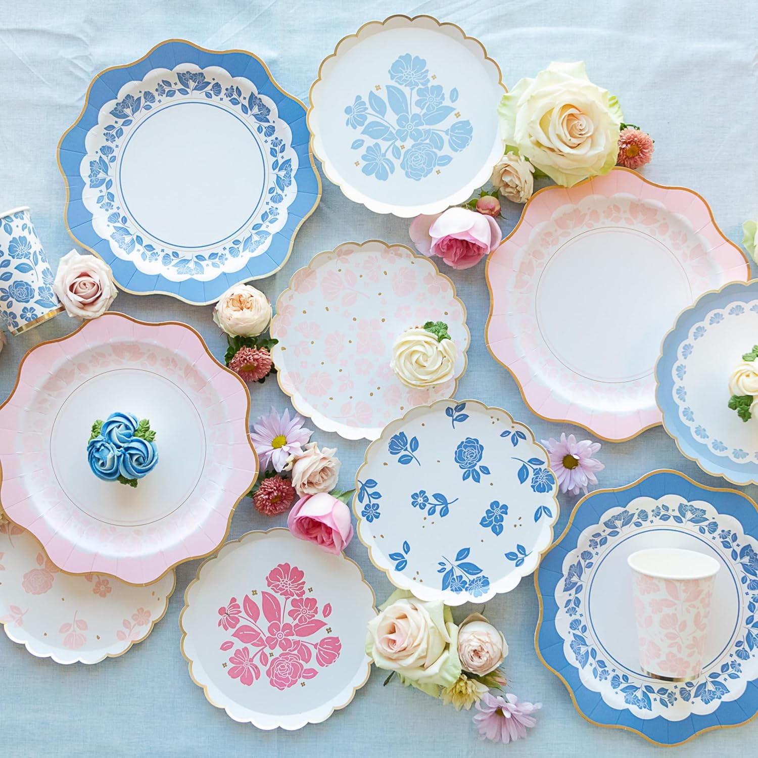 Bonjour Fete Light Pink Floral Large Party Plates with Gold Foil