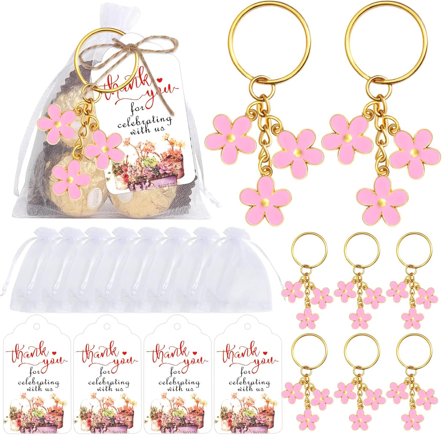 30 Piece Wedding Party Favors with Flowers Keychain and Organza Bag