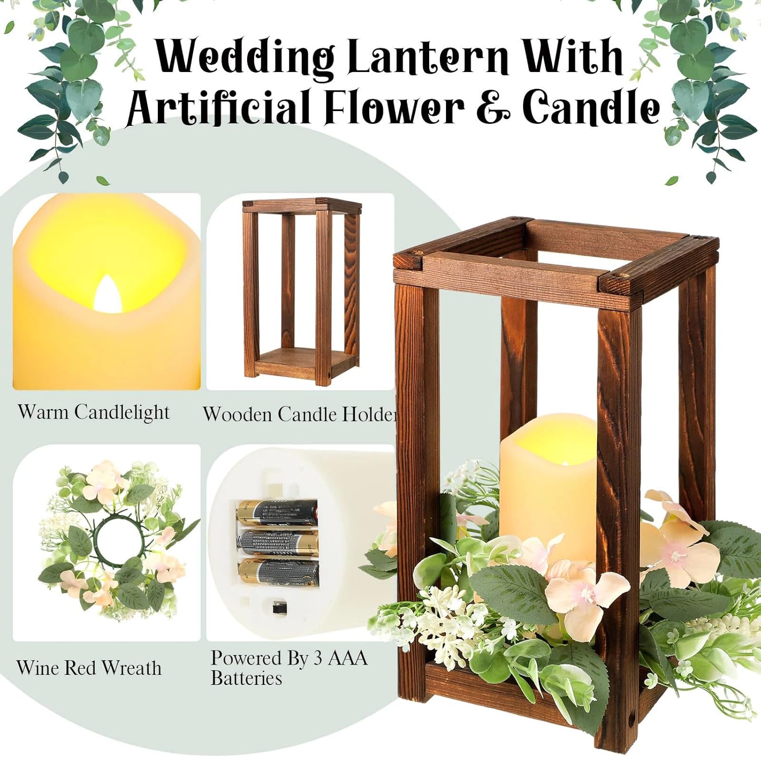 Hushee 30 Pcs Wooden Wedding Lantern Centerpiece with Candles and Wreaths Brown