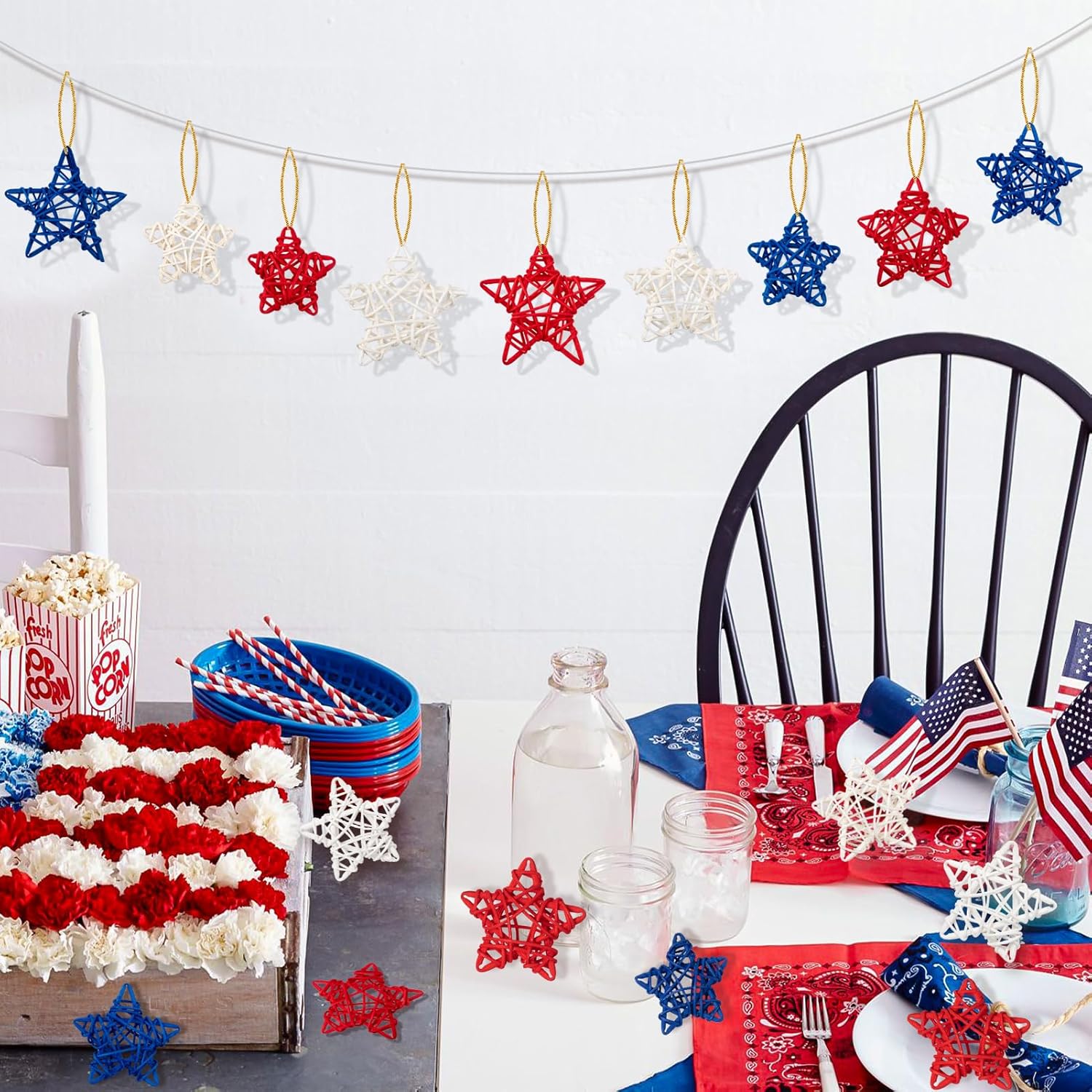 18pcs Patriotic Rattan Star Decorations Red Blue White