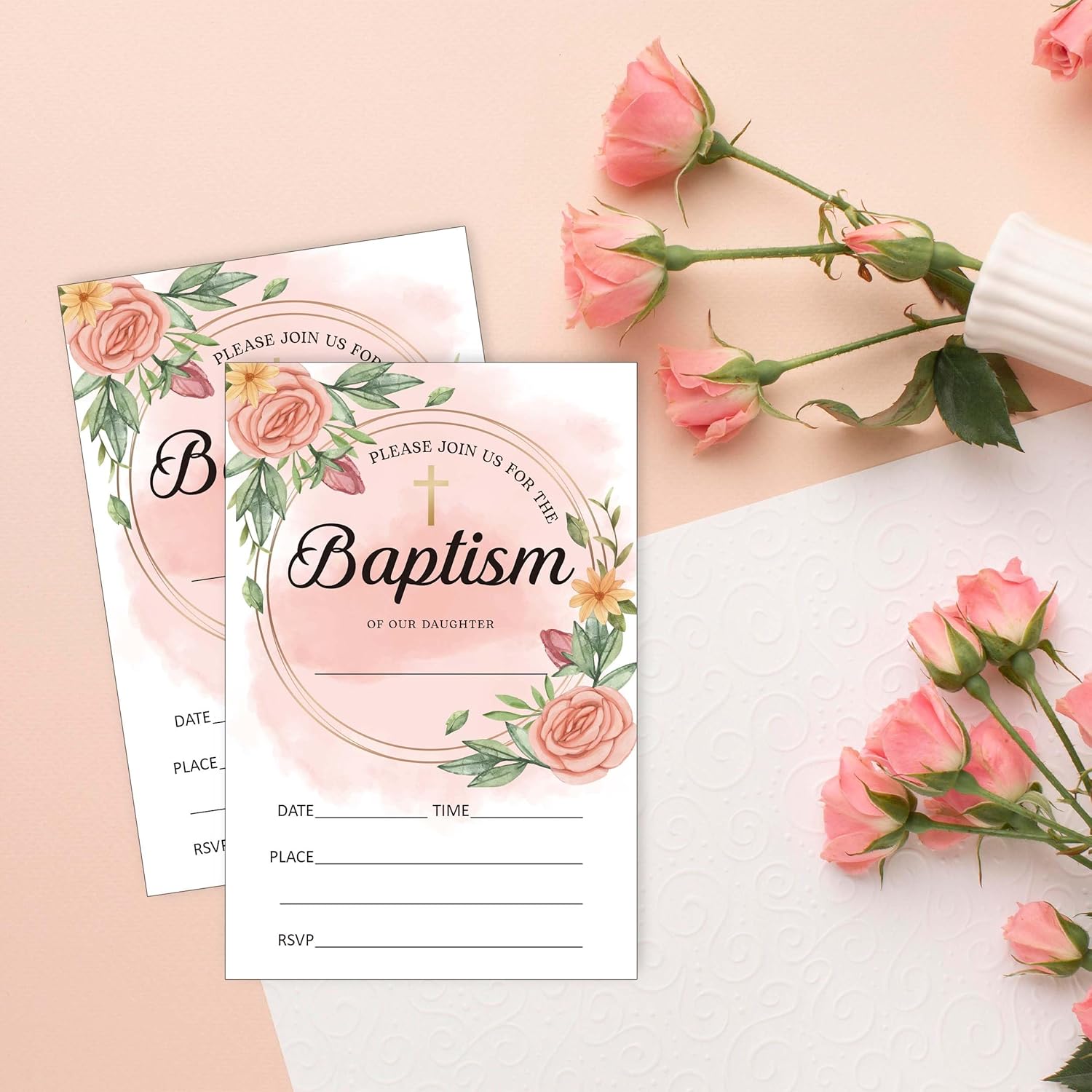 25 Pack Floral Baptism Invitations with Envelopes 1