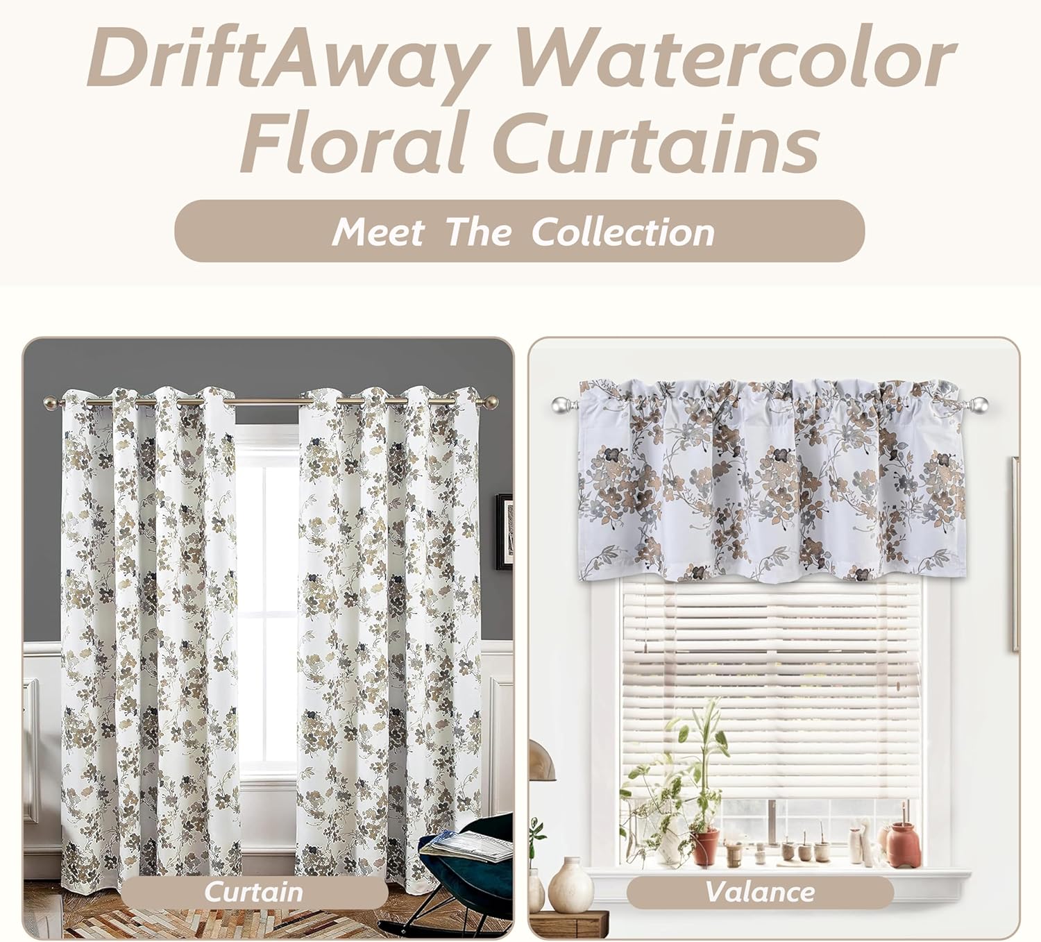 DriftAway Watercolor Floral Valance 52x18 Inch Beige