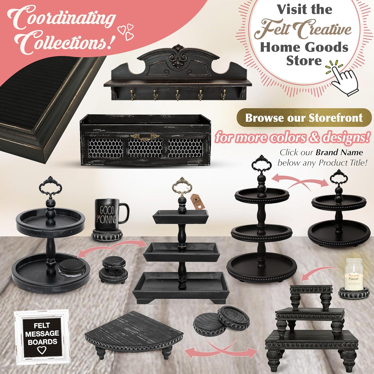 Gothic Black Wooden Tiered Tray Set of 3
