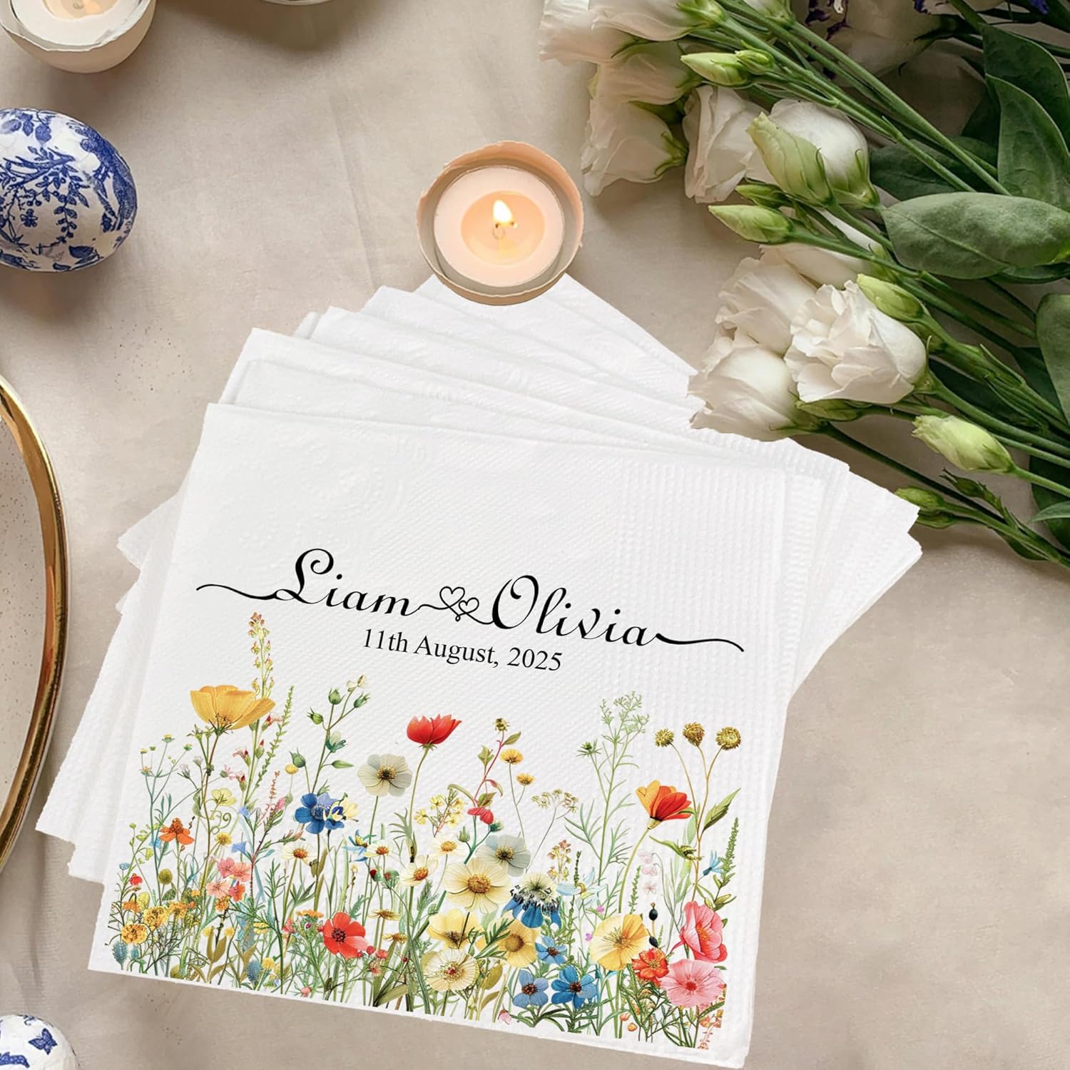 Personalized Floral Wedding Napkins with Name and Date