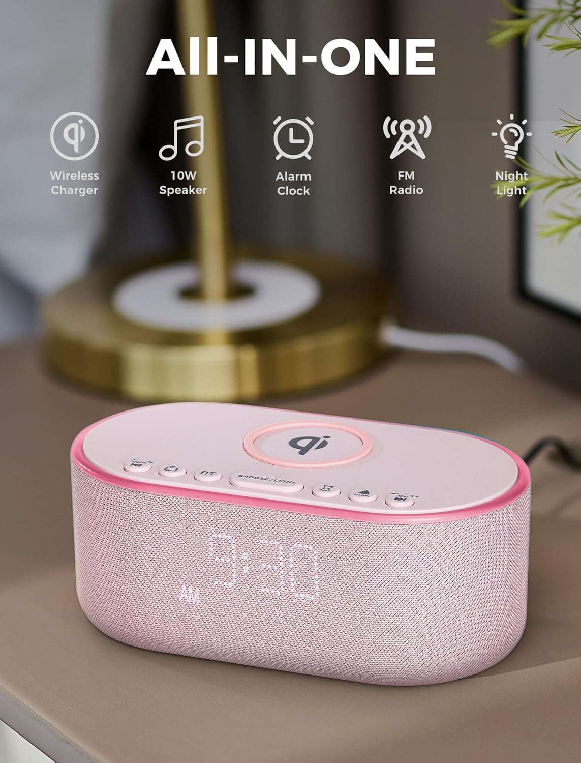 Wireless Charging Alarm Clock Radio with 10W Speaker and FM Radio - Pink