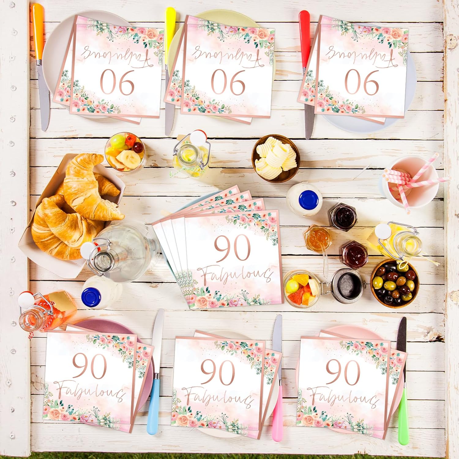 90th Birthday Rose Gold Floral Napkins Set 50pcs