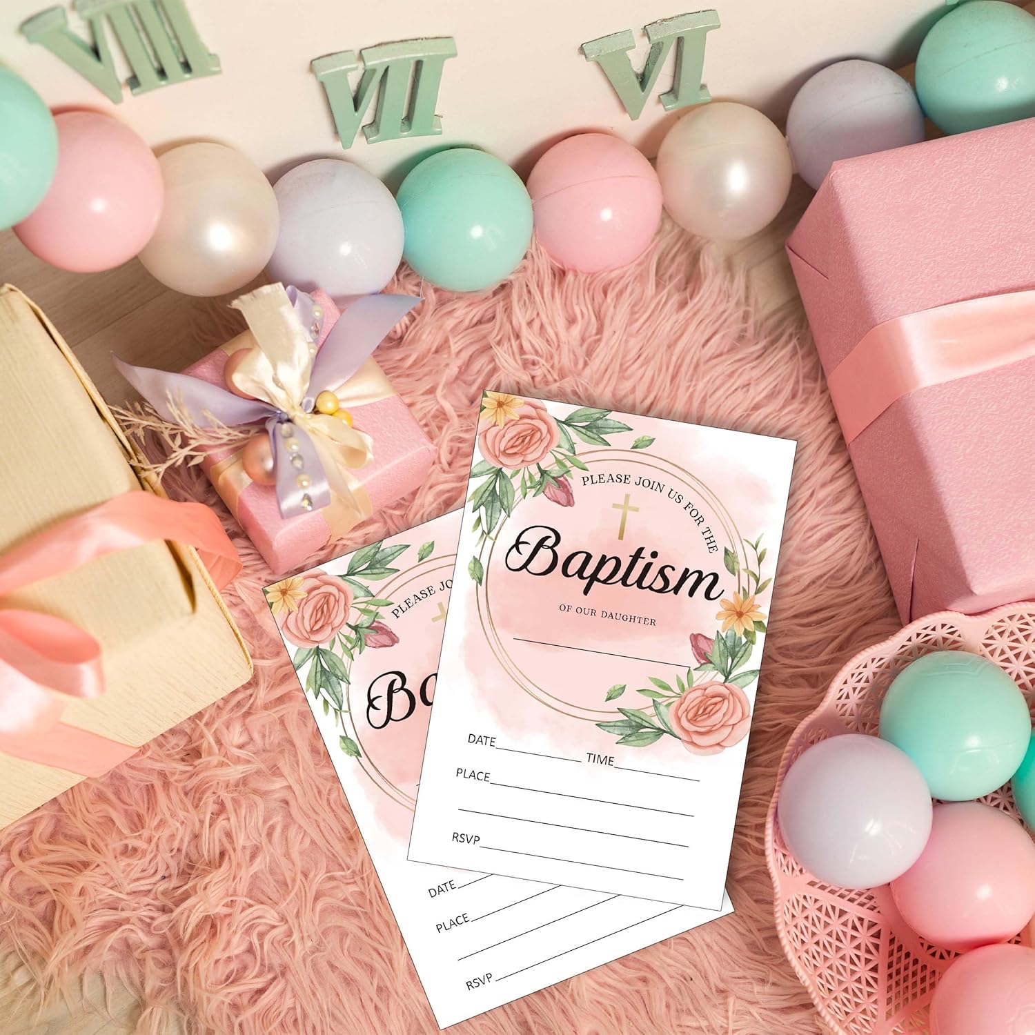 25 Pack Floral Baptism Invitations with Envelopes 1