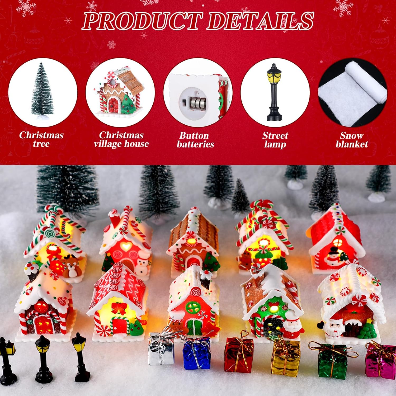 Shappy 48 Pcs Christmas Village Set with LED Lights and Trees