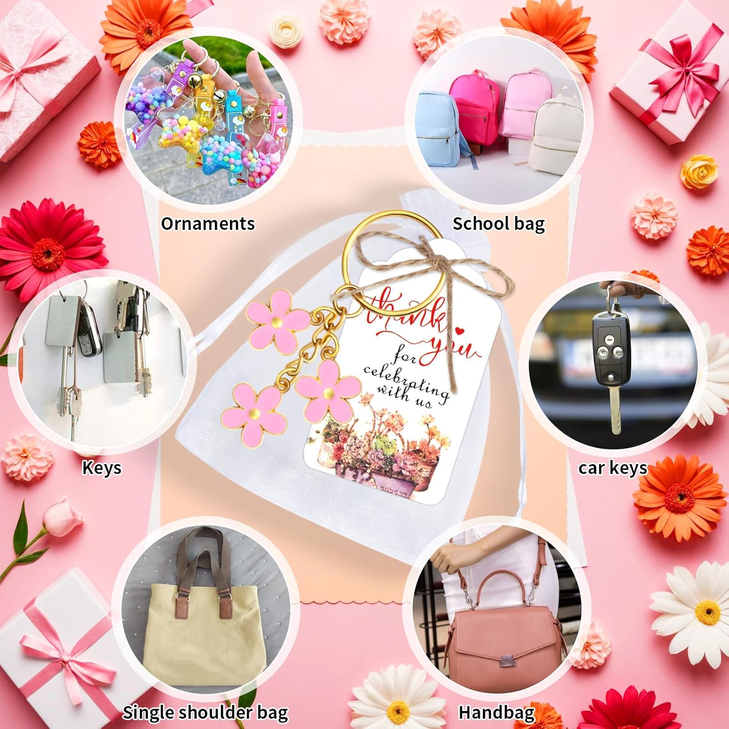 30 Piece Wedding Party Favors with Flowers Keychain and Organza Bag