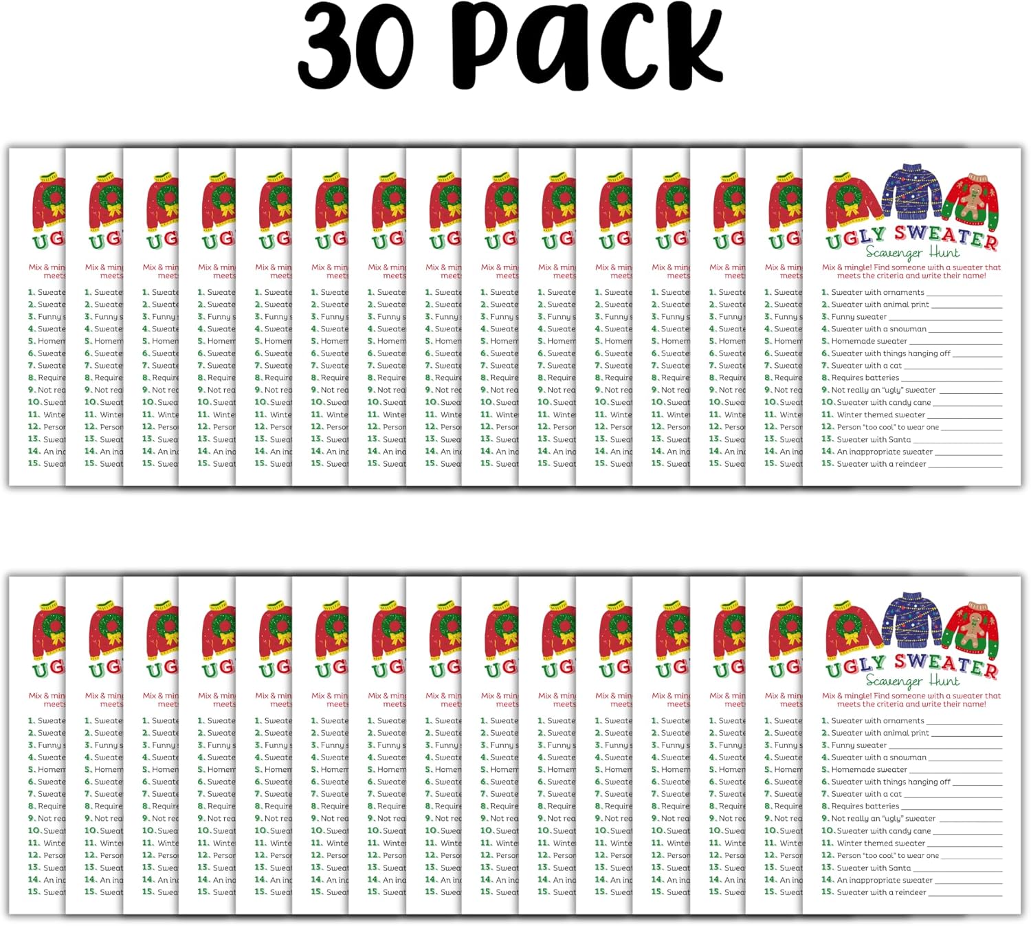 Lashicorn Christmas Scavenger Hunt Game Cards 30 Pack