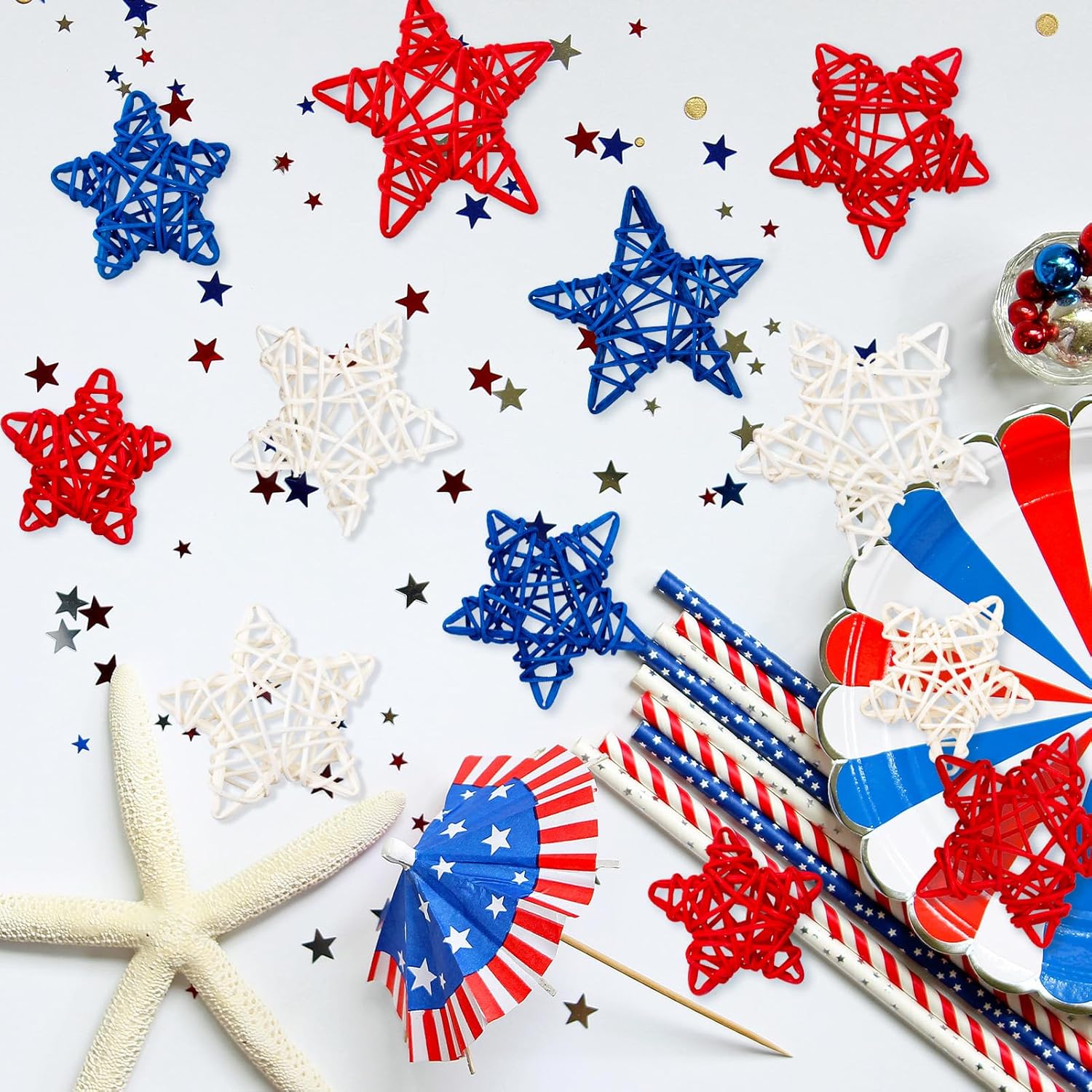 18pcs Patriotic Rattan Star Decorations Red Blue White