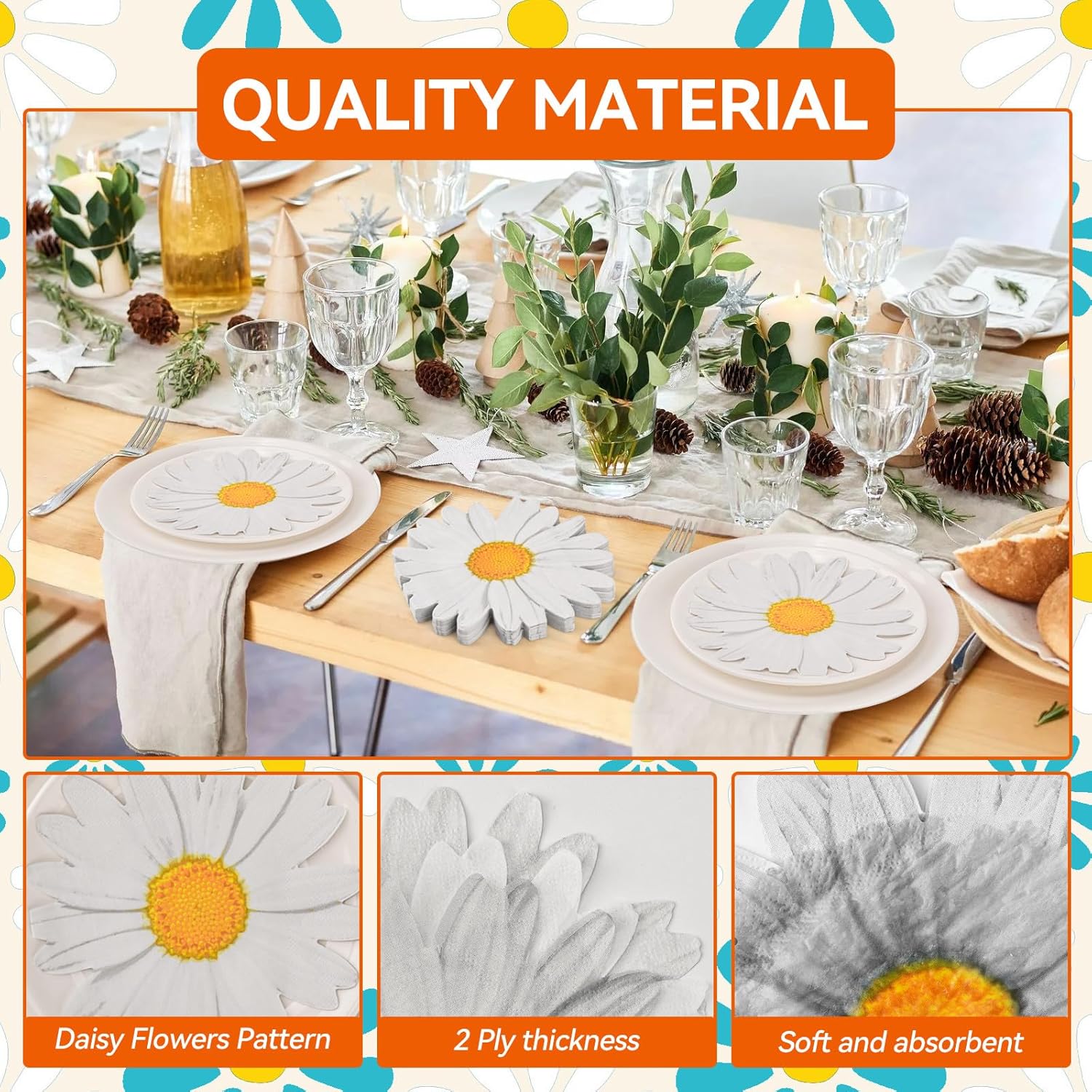 Daisy Floral Paper Napkins 200 Count White