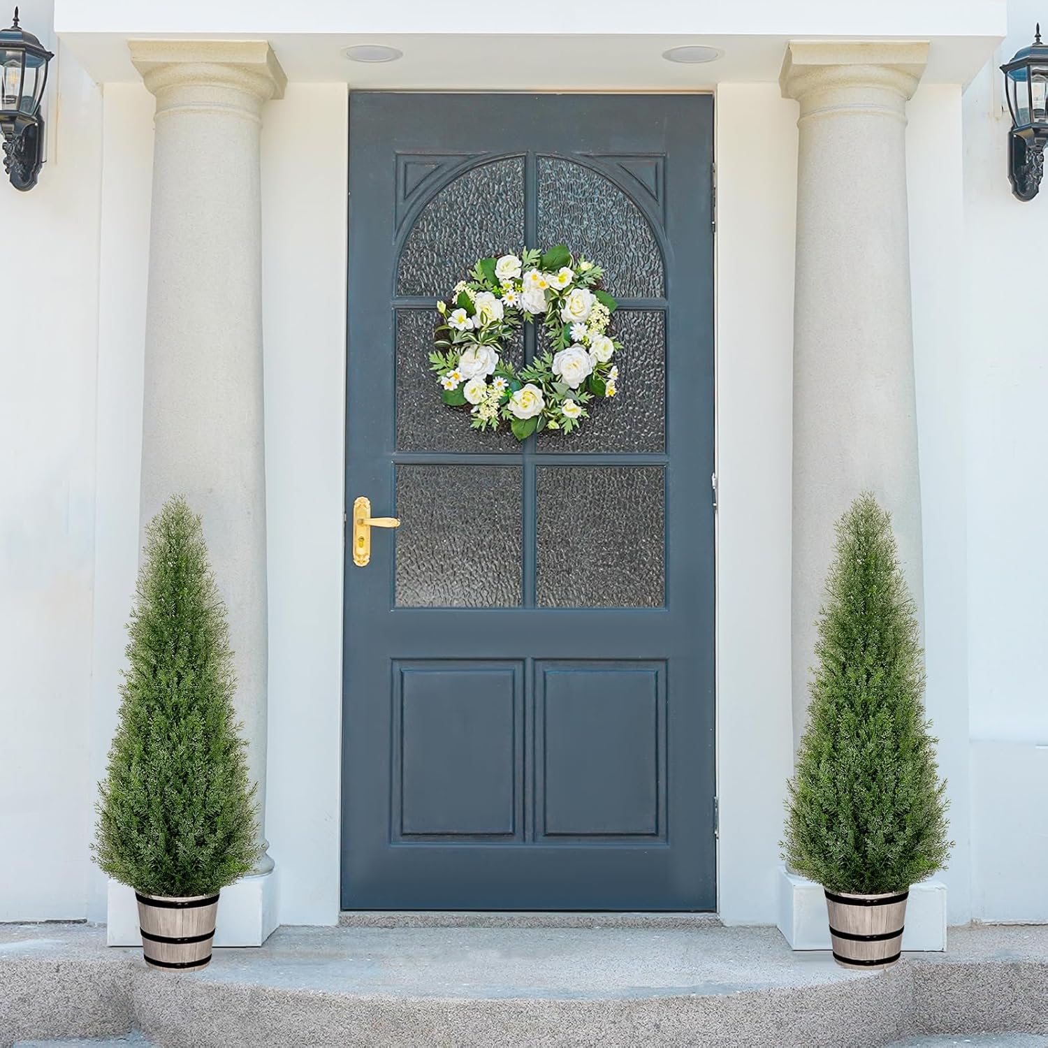 4FT Artificial Cedar Topiary Trees with Barrel Planter Set of 2