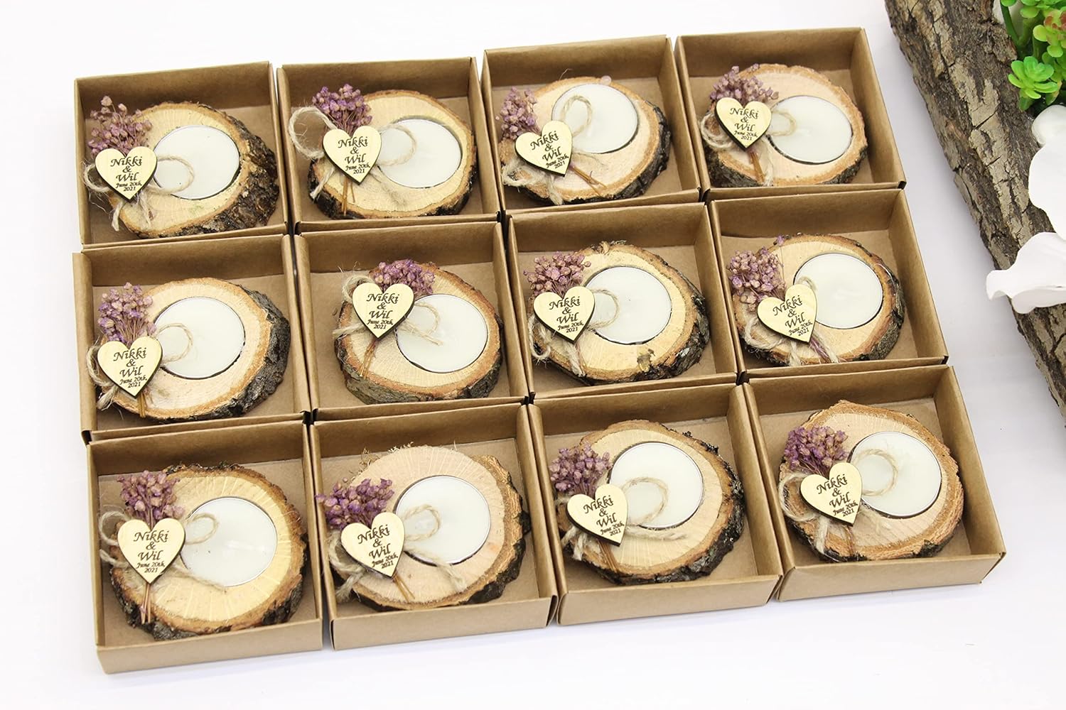 50 Pcs Personalized Log Candle Holders Wedding Favors