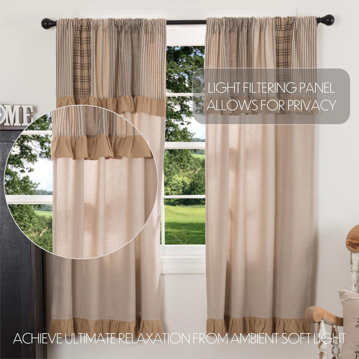 VHC Brands Sawyer Mill Curtain Panel 63x36 Charcoal Khaki Tan