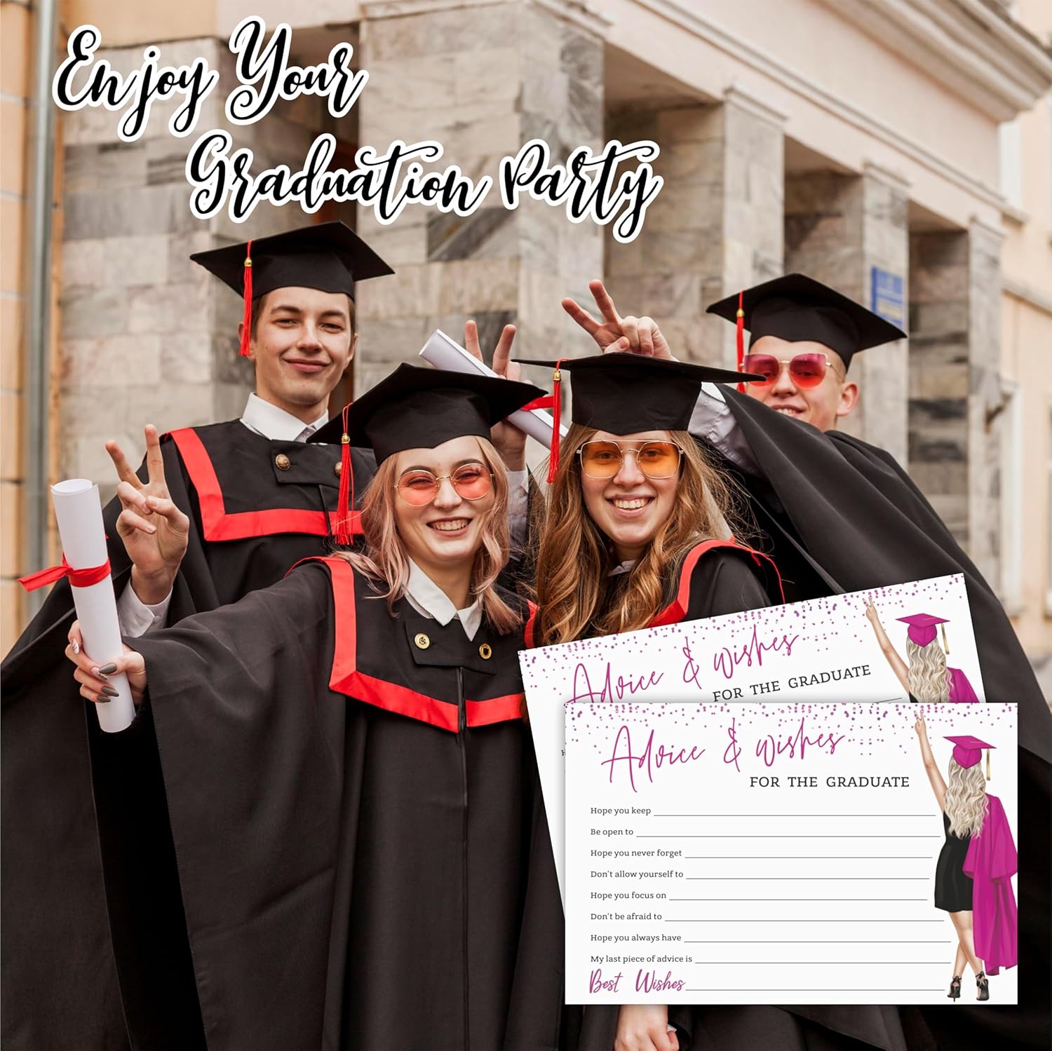 30 Pink Grad Girl Advice Cards with Confetti Fill-In Style