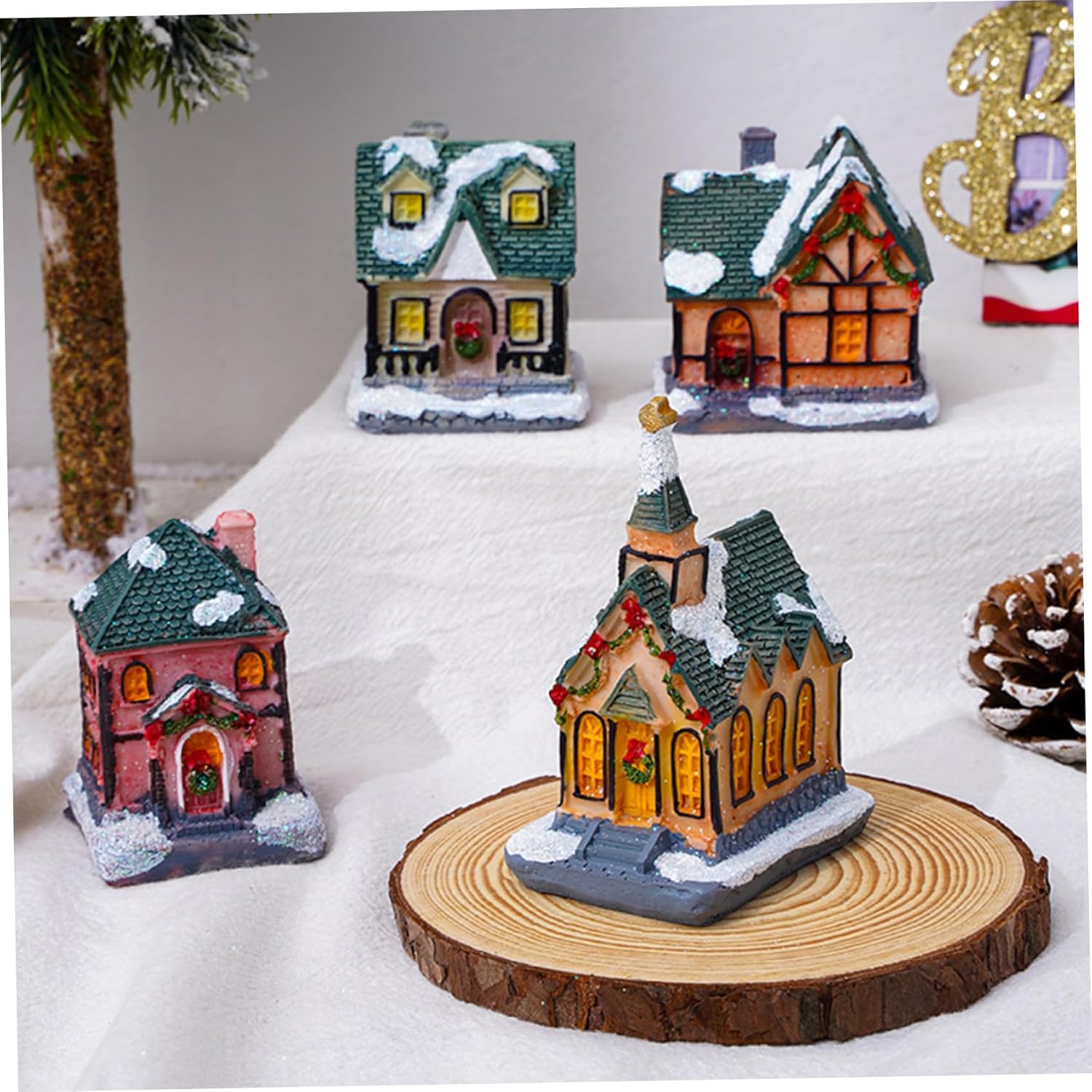 4Pcs Christmas Village Houses Light Up Resin Miniature Decor