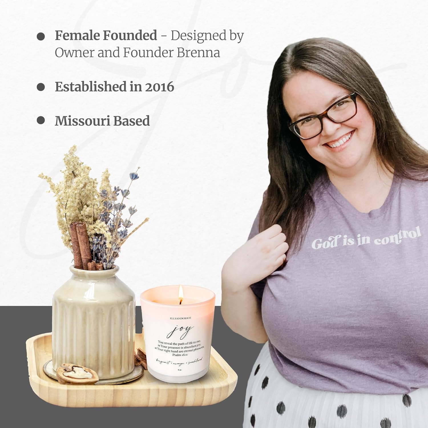 Elly Grace Joy Scented Soy Candle with Bible Verse