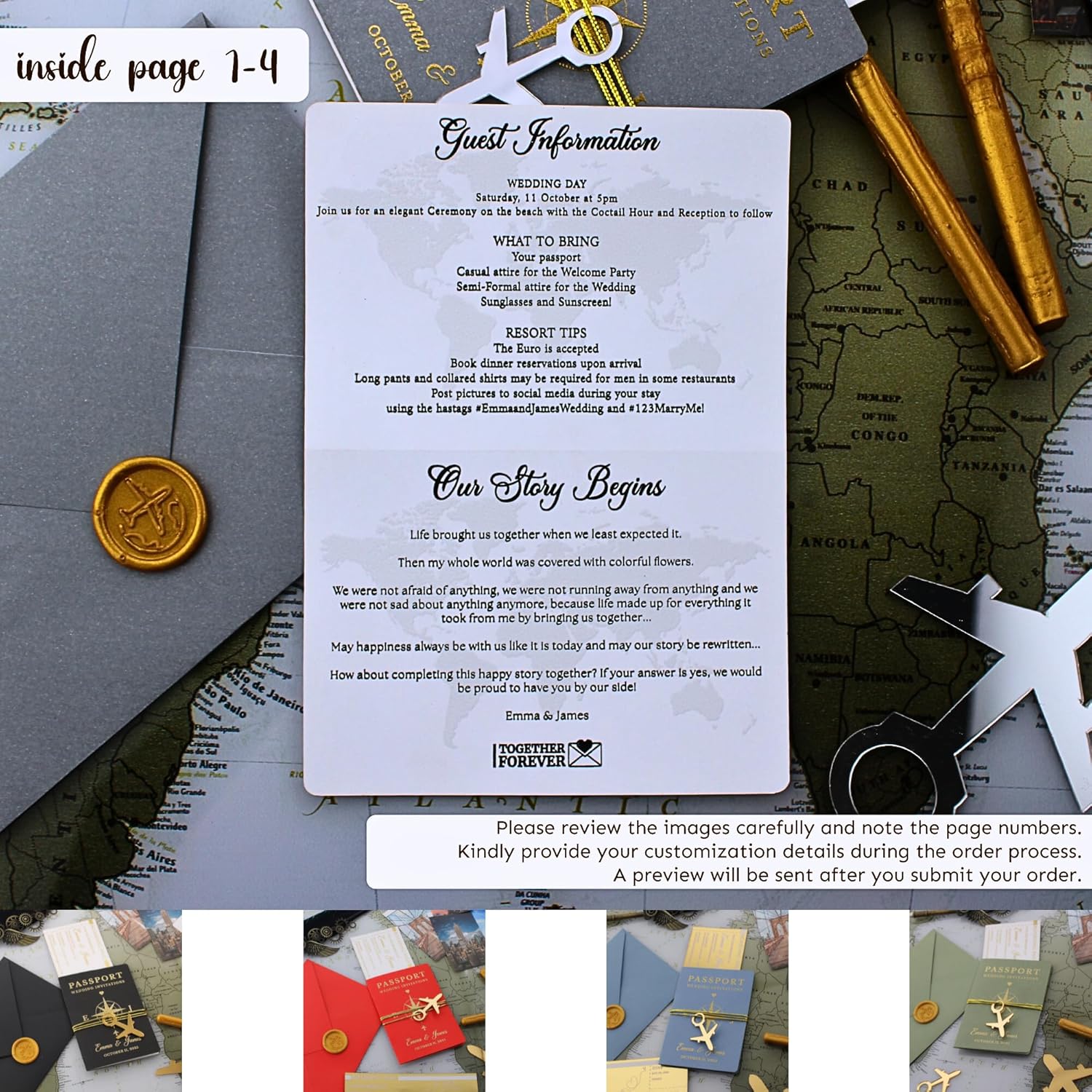 Custom Wedding Invitation Set with Wax Seal - Passport Style