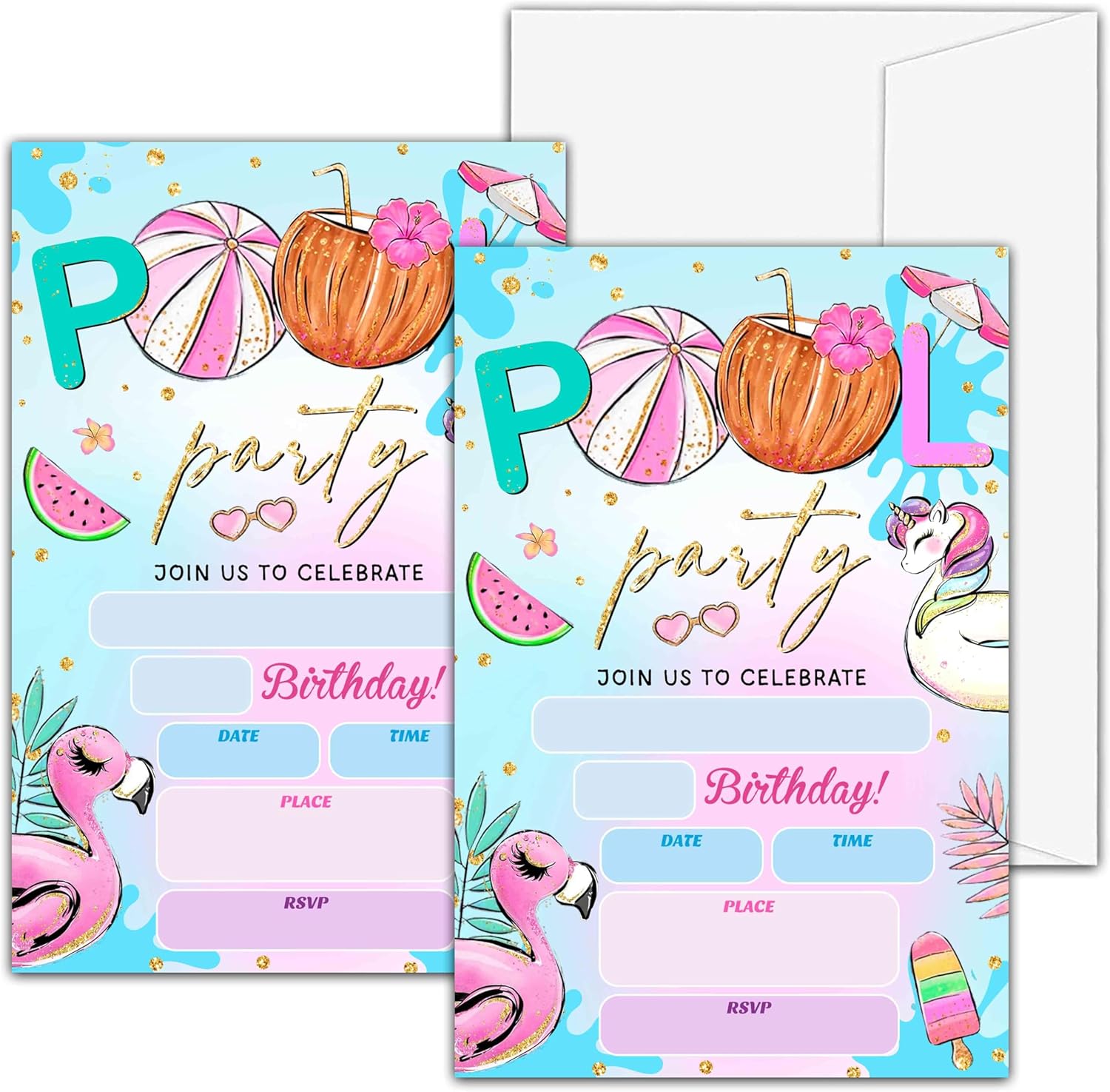 Pool Party Birthday Invitations with Envelopes A07