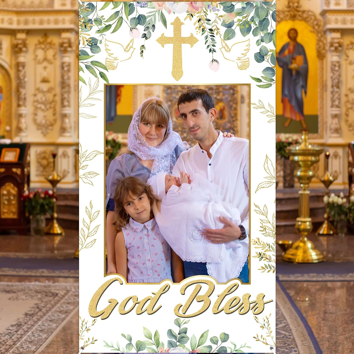 God Bless Baptism Photo Booth Backdrop Greenery Eucalyptus 3x6ft