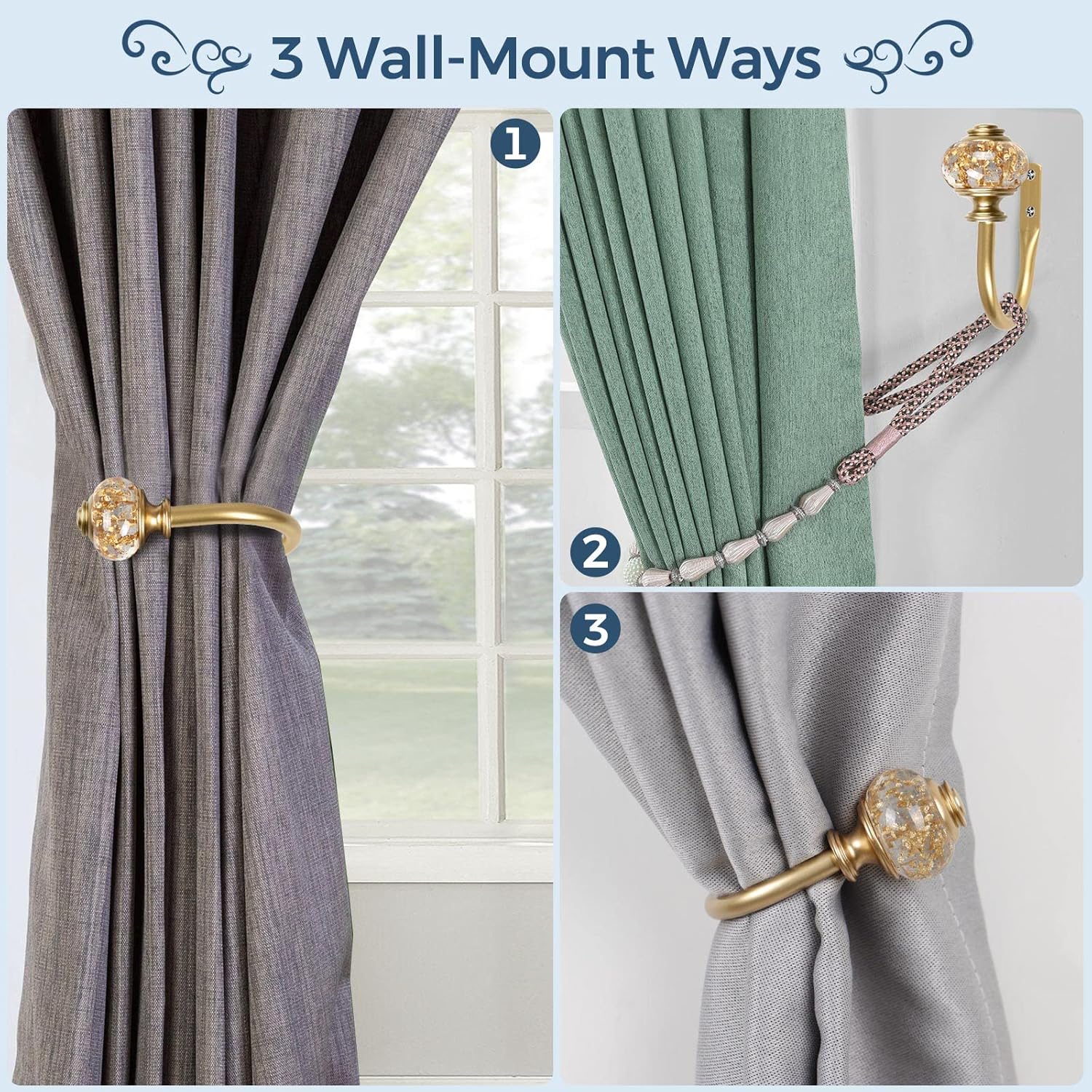 2 Pack Curtain Holdbacks with Gold Translucent Finials