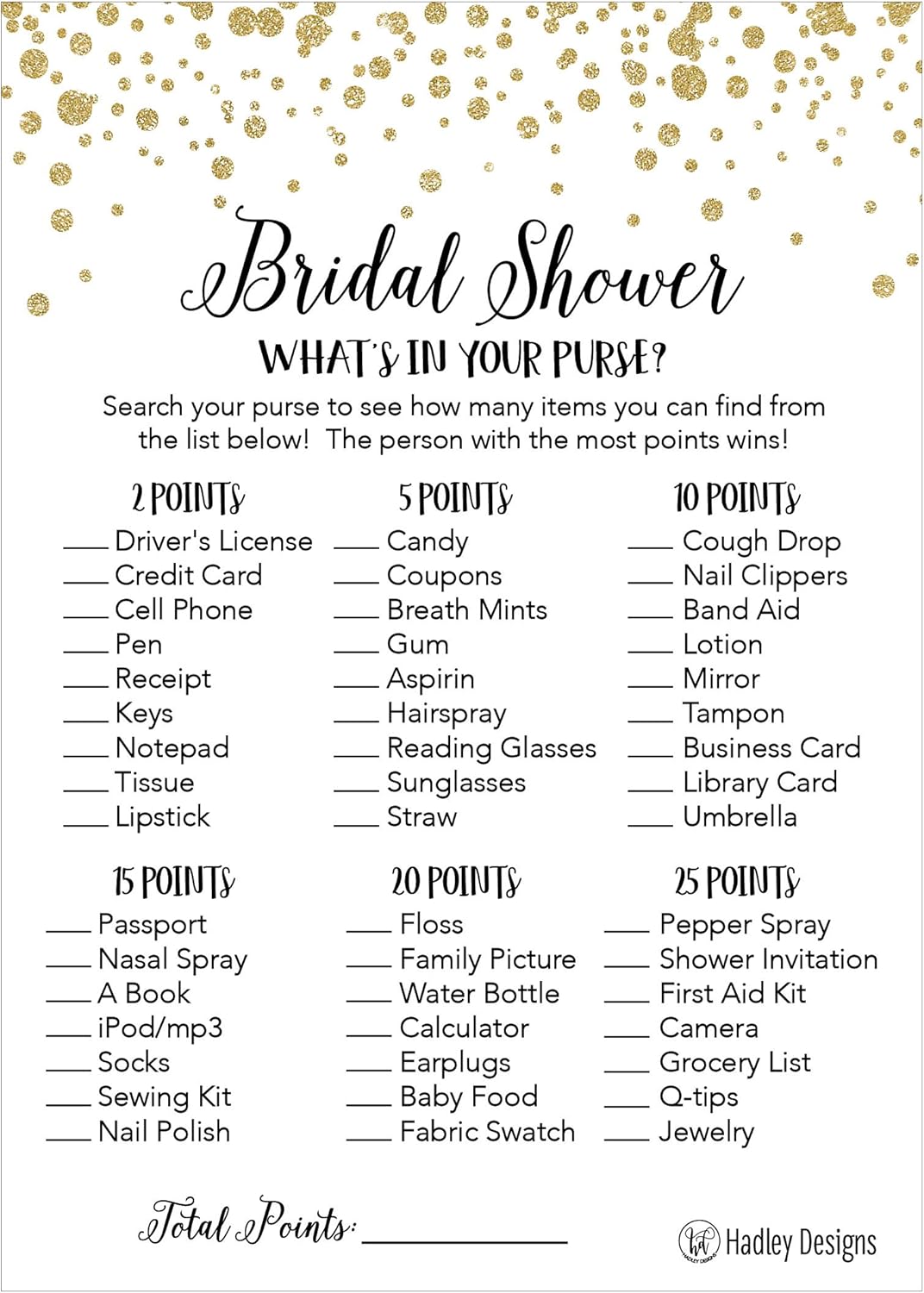 Hadley Designs Gold Bridal Shower Games for 25 Guests