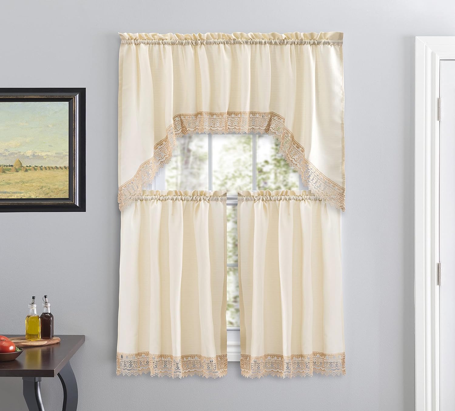American Linen Caf Curtains with Valance and Lace Border Beige