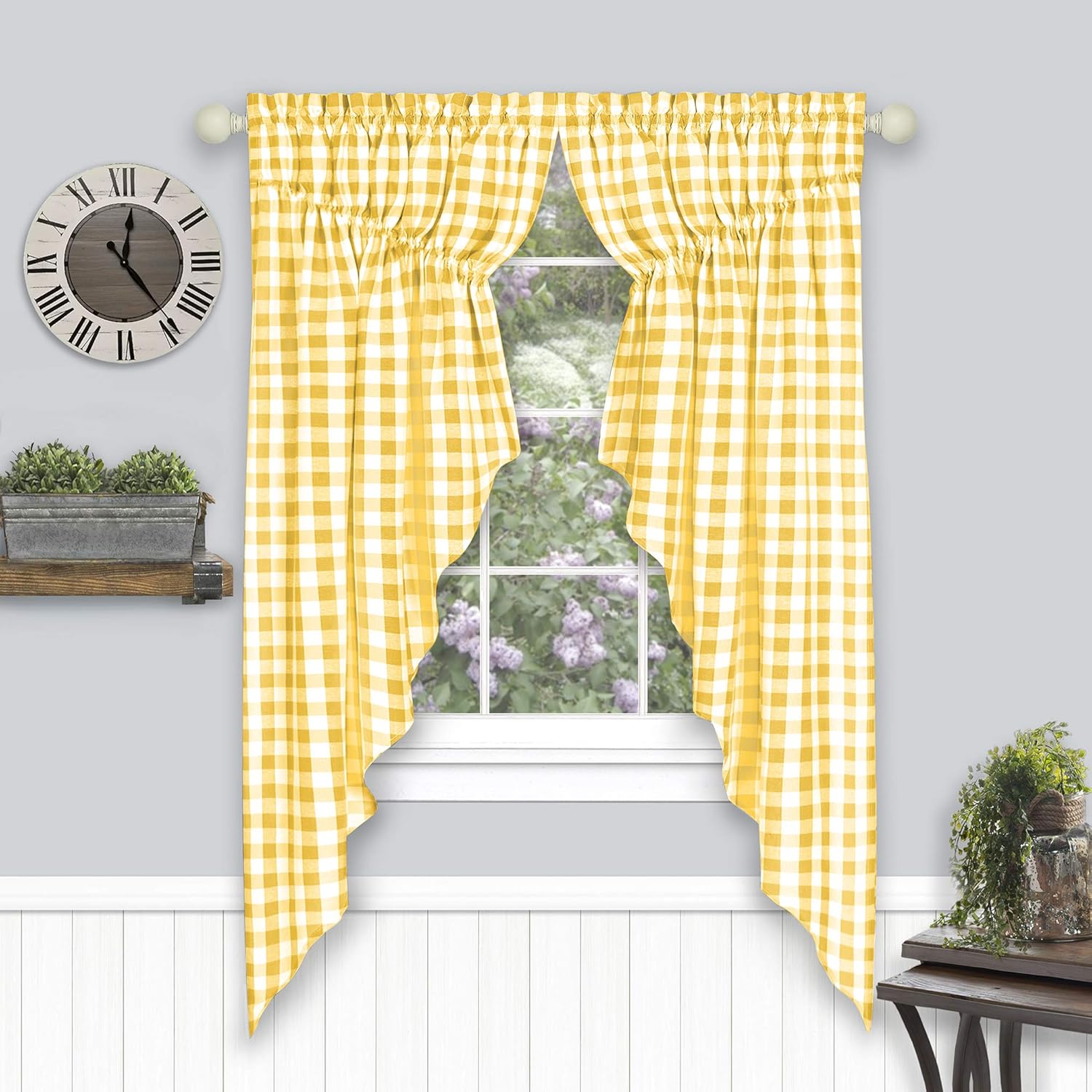 Serenity Home Country Gingham Buffalo Check Plaid Gathered Swag Curtains Pair