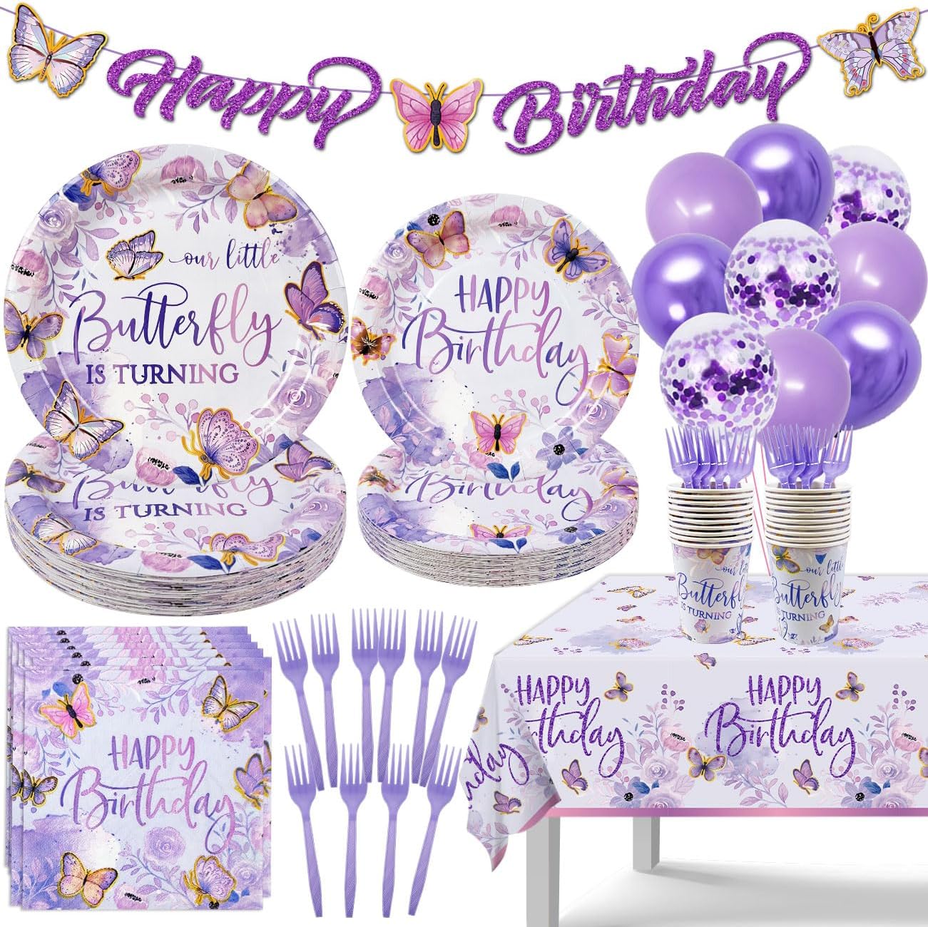 Purple Butterfly Birthday Decorations Set 112Pcs for 20 Guests