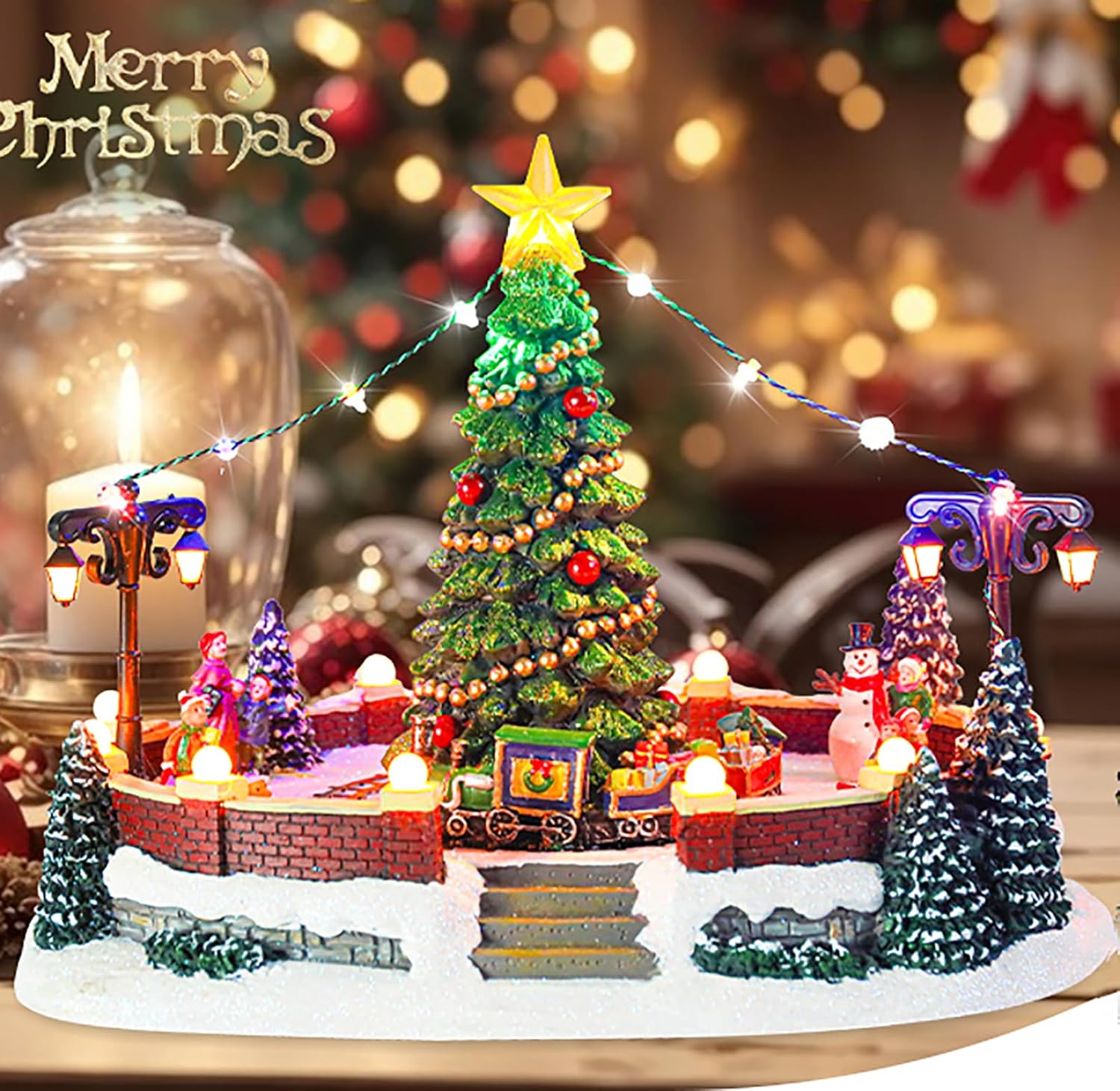 MUMTOP Christmas Village with Rotating Train and Music