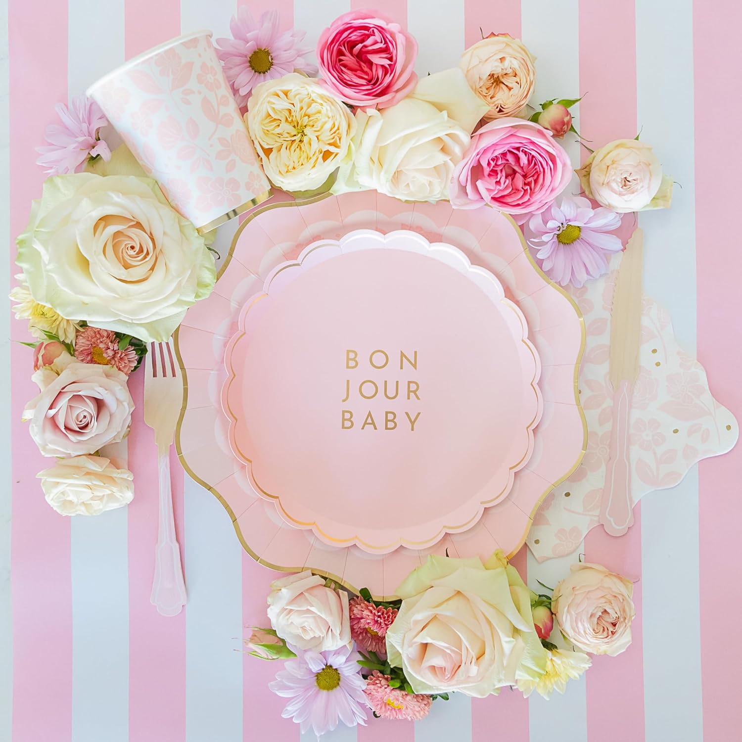 Bonjour Fete Light Pink Floral Large Party Plates with Gold Foil