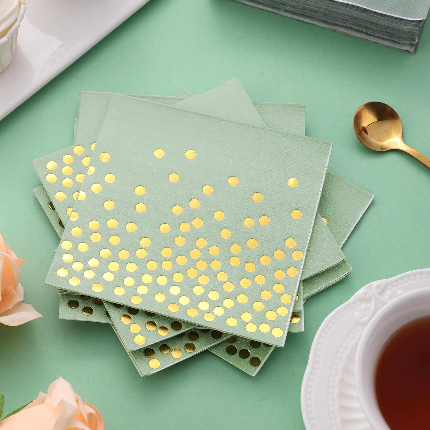 100 Pcs Sage Green Napkins - 3 Ply Gold Dot Disposable Party Napkins