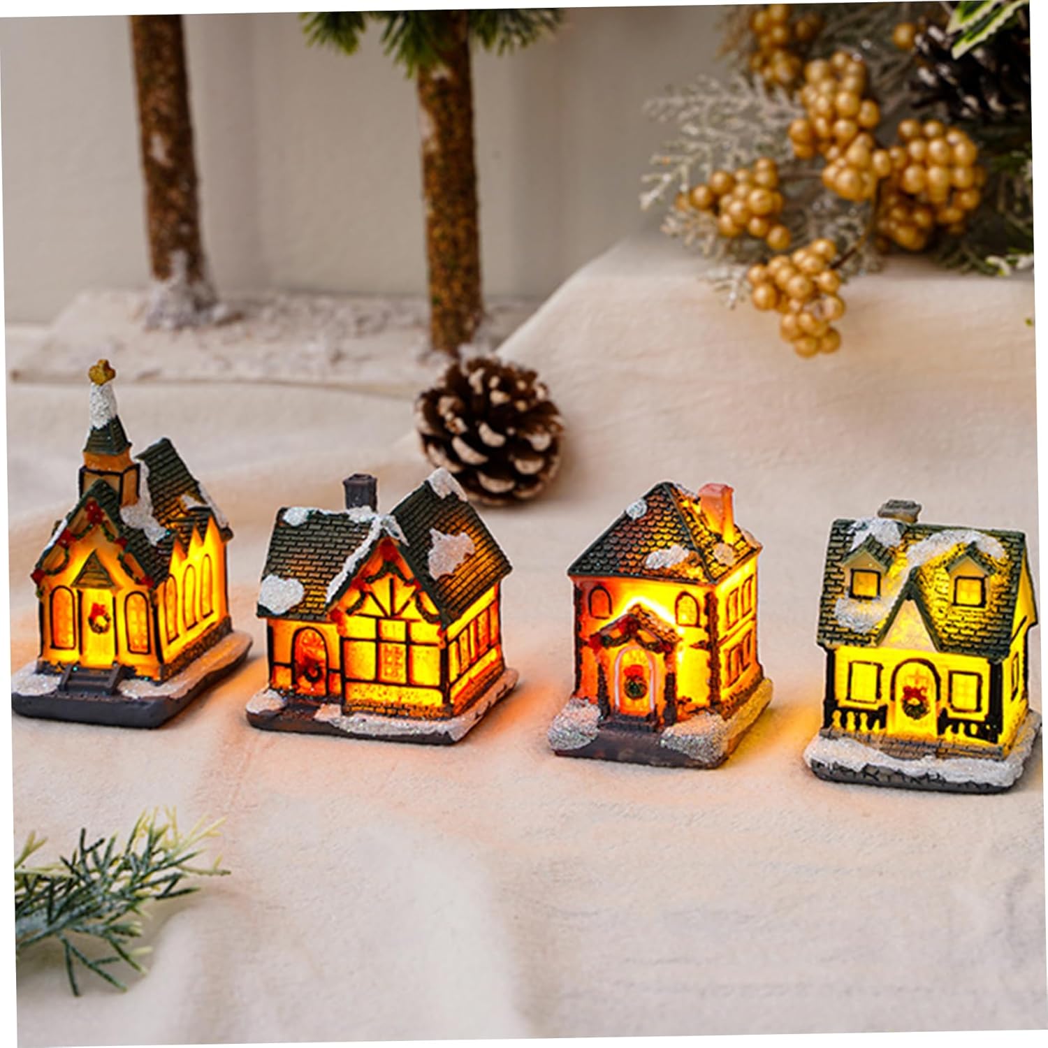 4Pcs Christmas Village Houses Light Up Resin Miniature Decor