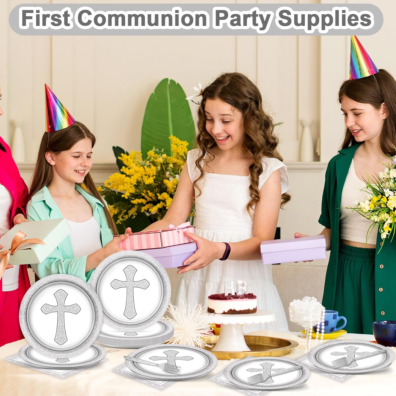 96Pcs Gray Cross Baptism Tableware Set for 24 Guests
