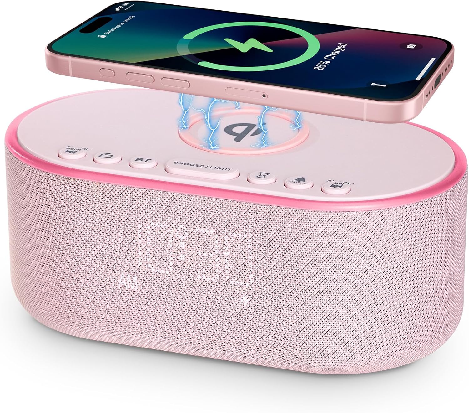 Wireless Charging Alarm Clock Radio with 10W Speaker and FM Radio - Pink