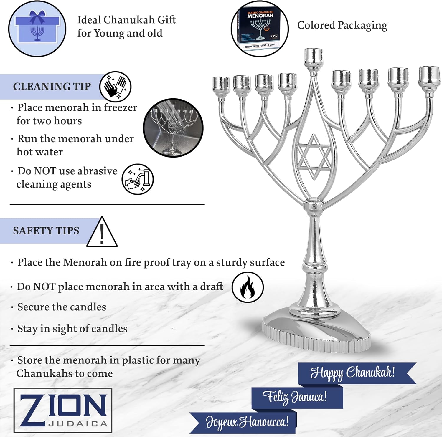 Traditional Classic Geometric Hanukkah Menorah 9 Inch Silver Plated
