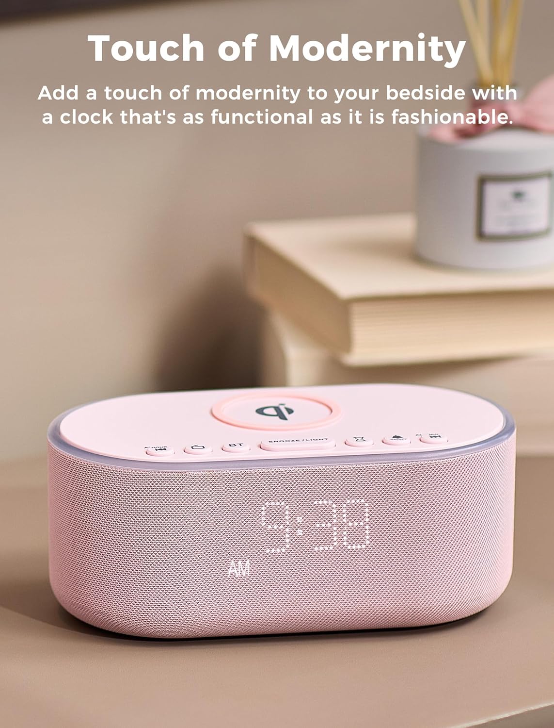 Wireless Charging Alarm Clock Radio with 10W Speaker and FM Radio - Pink