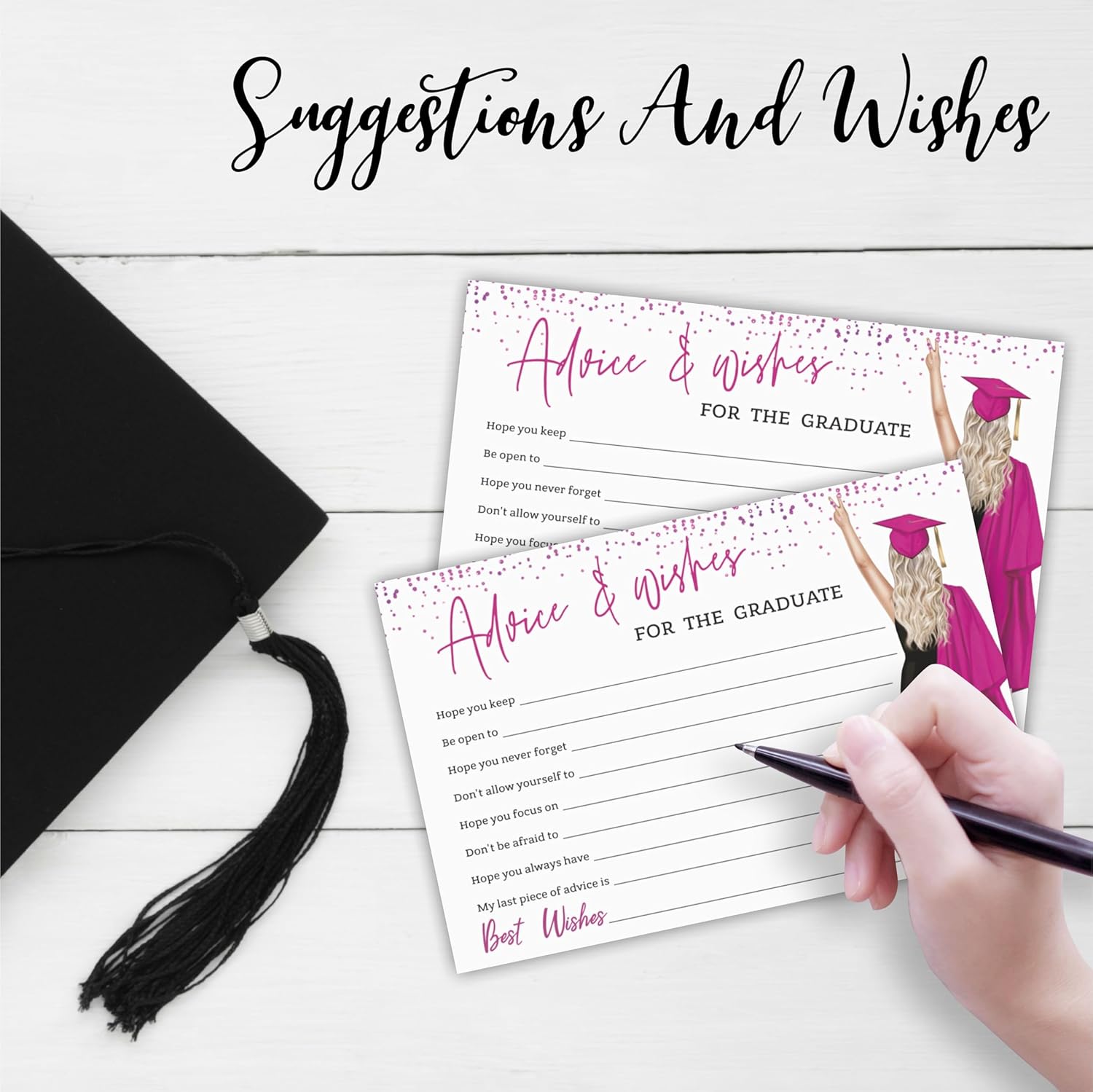 30 Pink Grad Girl Advice Cards with Confetti Fill-In Style