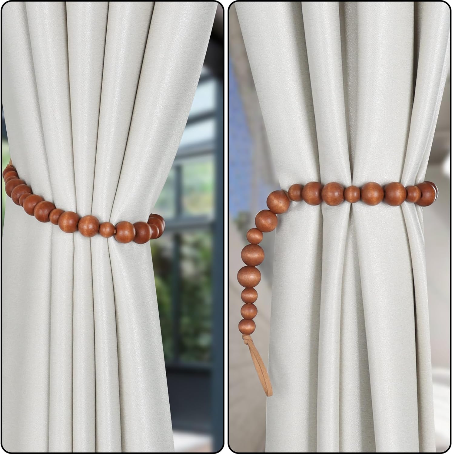 OCIOLI 2 Piece Wood Bead Curtain Tiebacks with Hooks