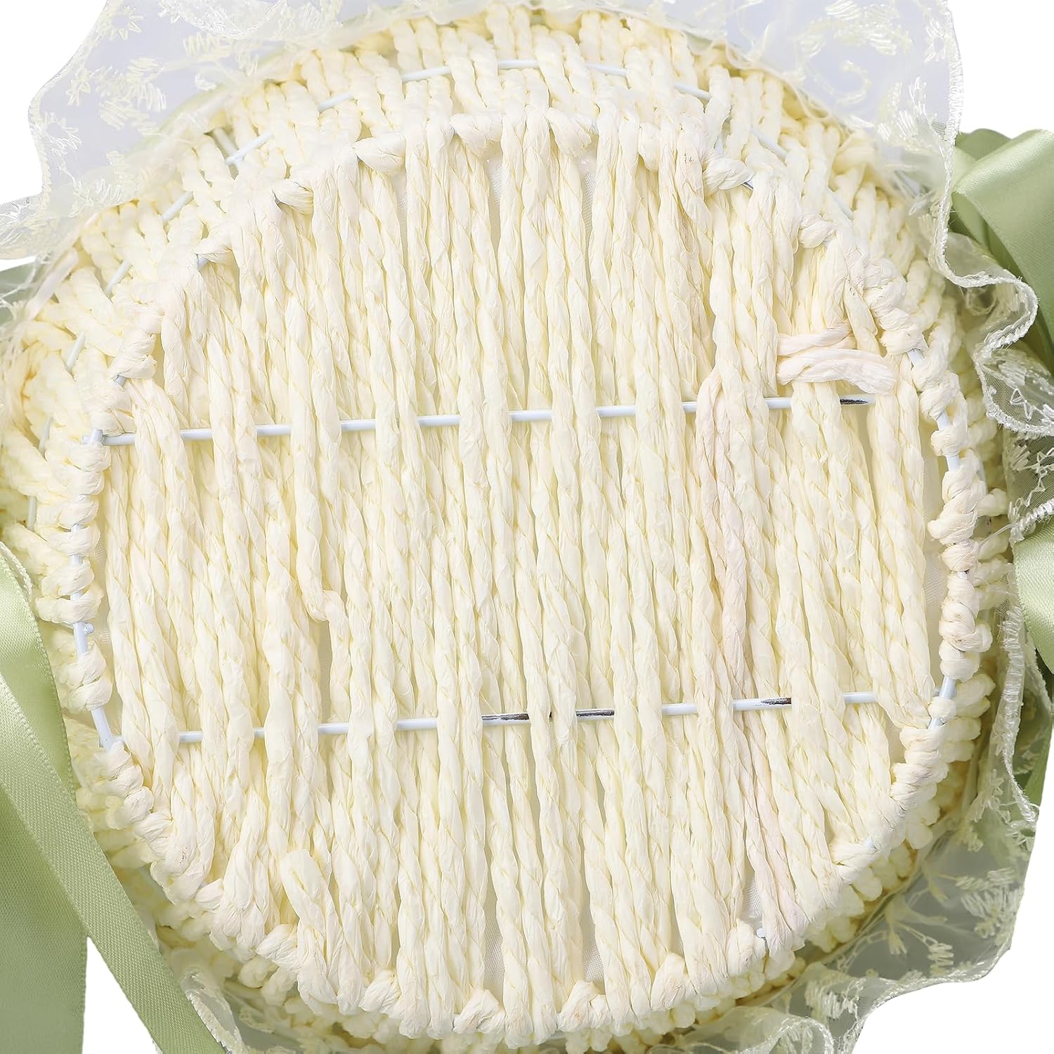 Wedding Flower Girl Basket with Lace and Green Bow