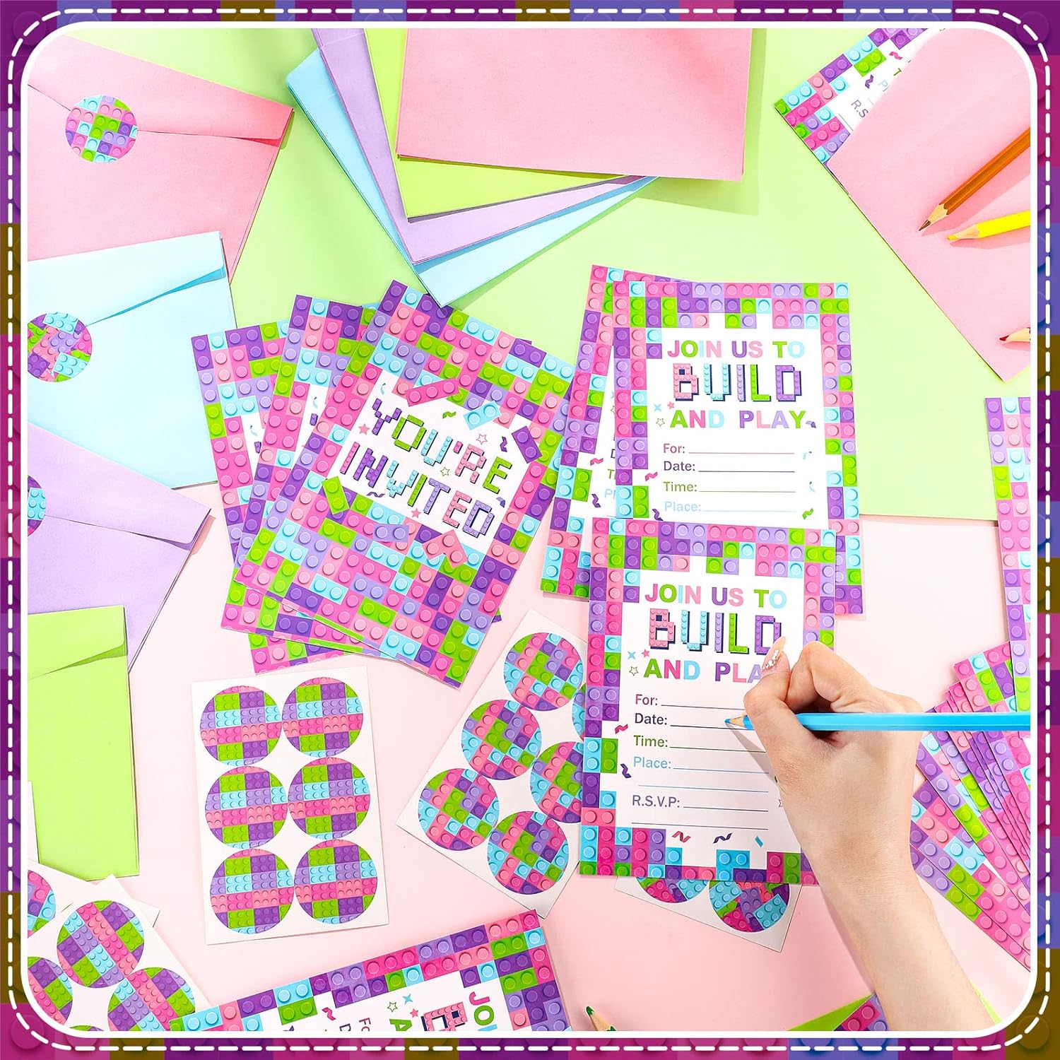 Colarr 24 Set Pink Birthday Party Invitations with Envelopes and Sticker Labels