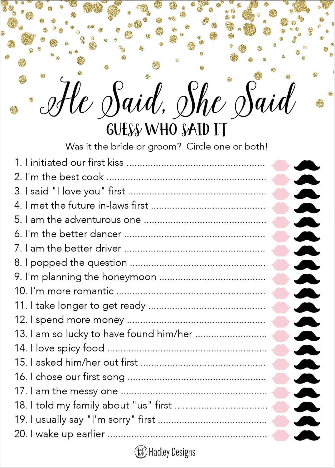 Hadley Designs Gold Bridal Shower Games for 25 Guests 1