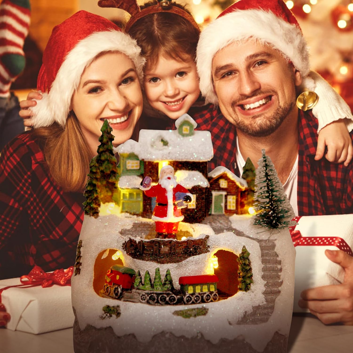 Christmas Village Musical Snow Globe Figurines with 8 Music Snowman and Train