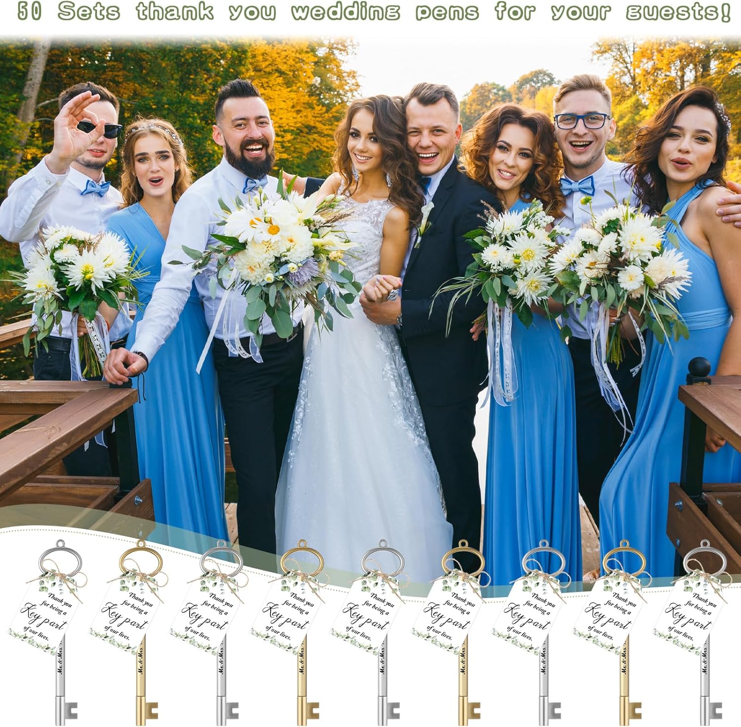 Patelai 50 Key Shaped Wedding Pens with Cards and Rope