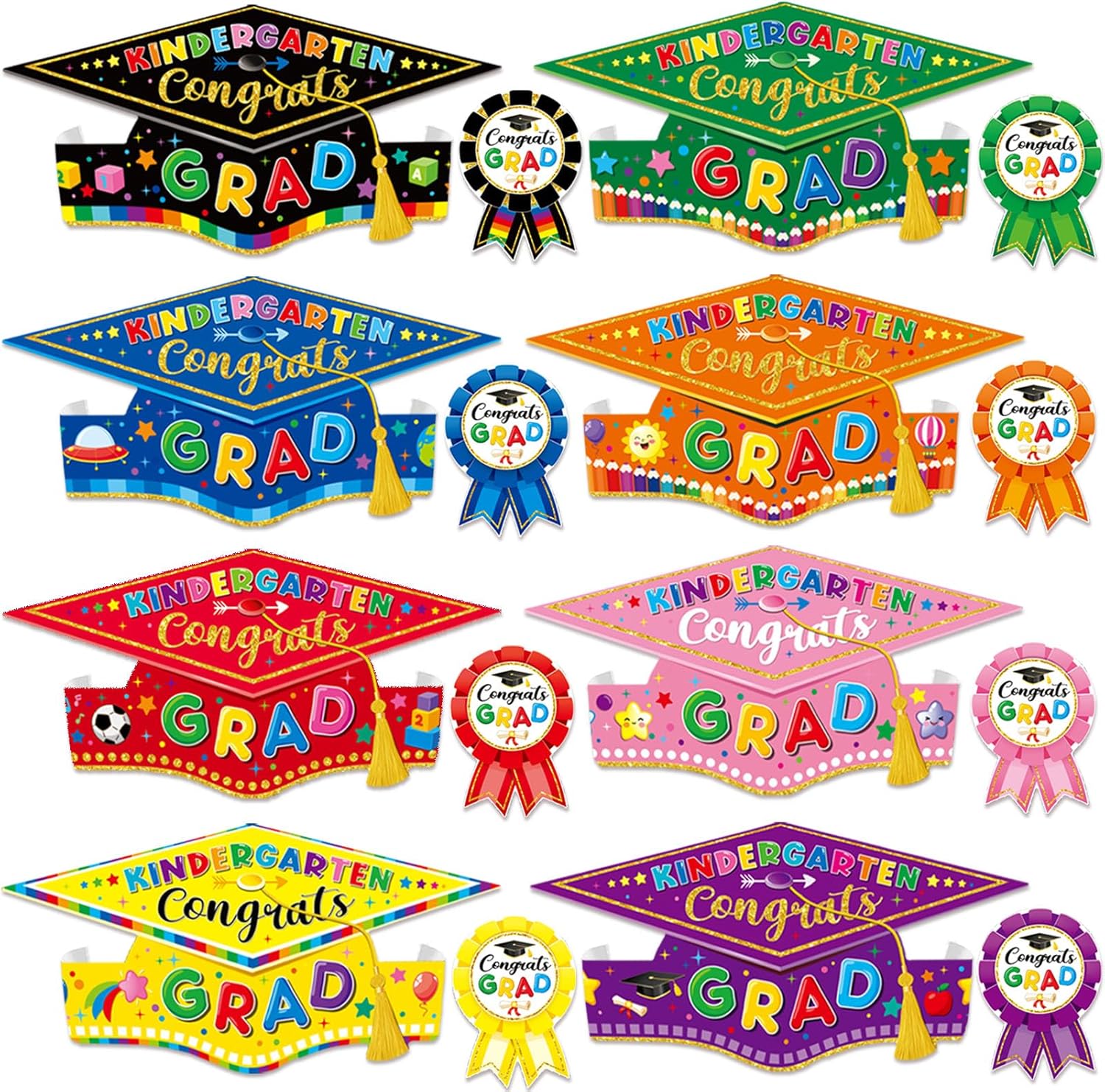 64 Pieces Preschool Graduation Caps with Reward Badges