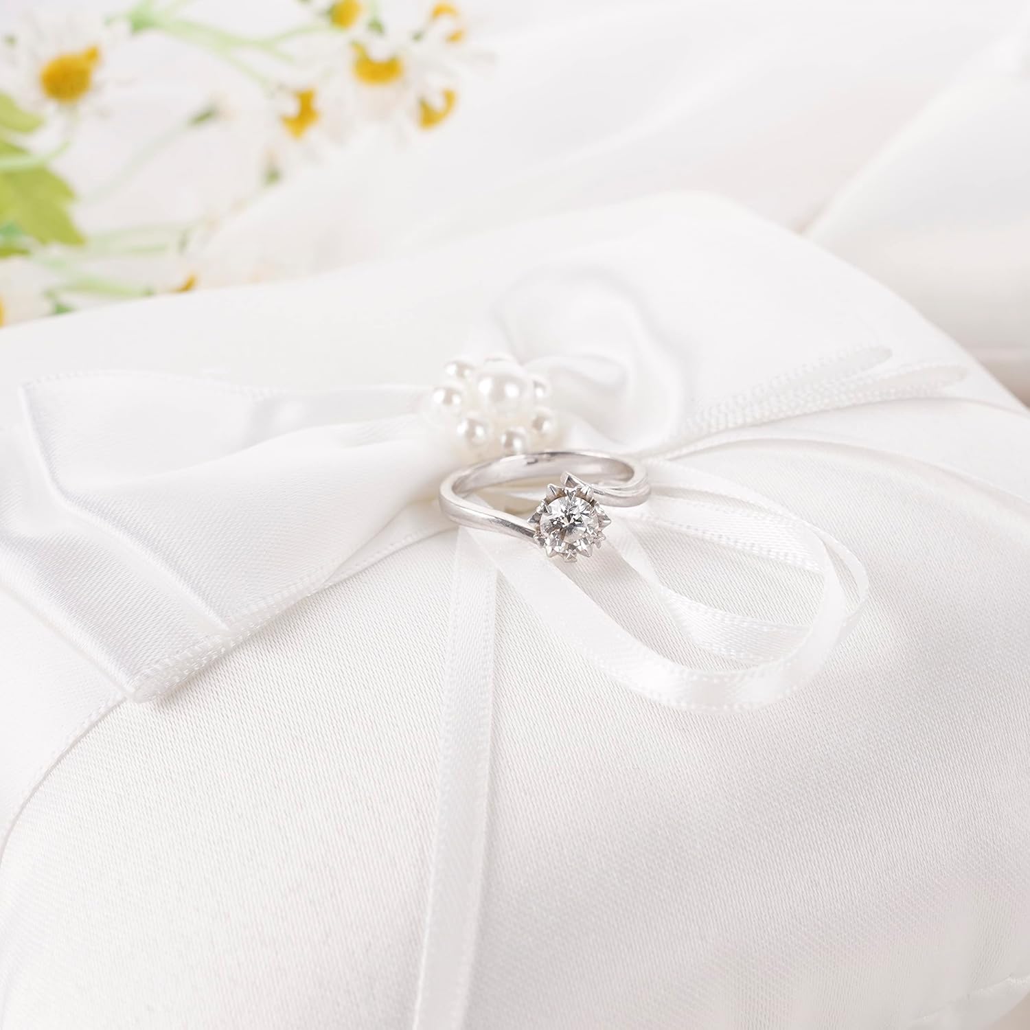 QIRMIZI Wedding Ring Pillow and Flower Girl Basket Set - Butterfly Knot White Satin